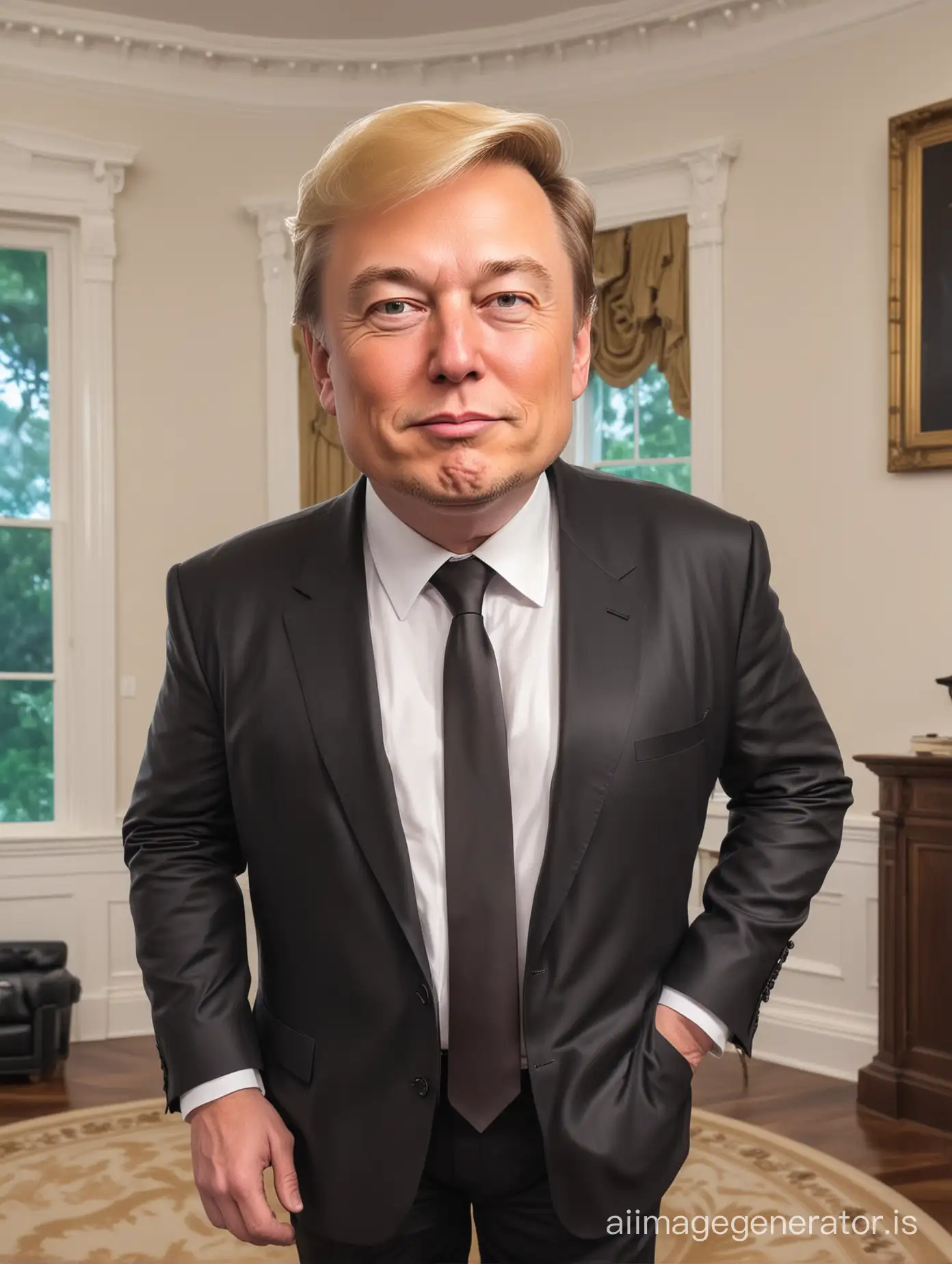 Elon Musk with Donald Trump’s hair, cartoon caricature style, Inside the White House, full body