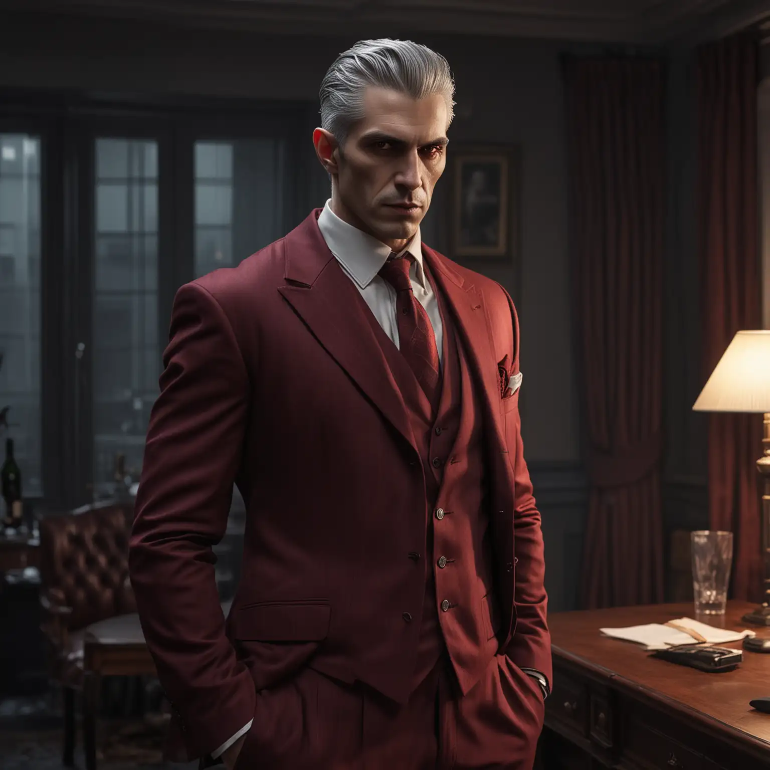 A male Malkavian vampire, red eyes, grey hair, comb-over, wearing a wine-red suit, inside a mafia boss' room, at night, realistic