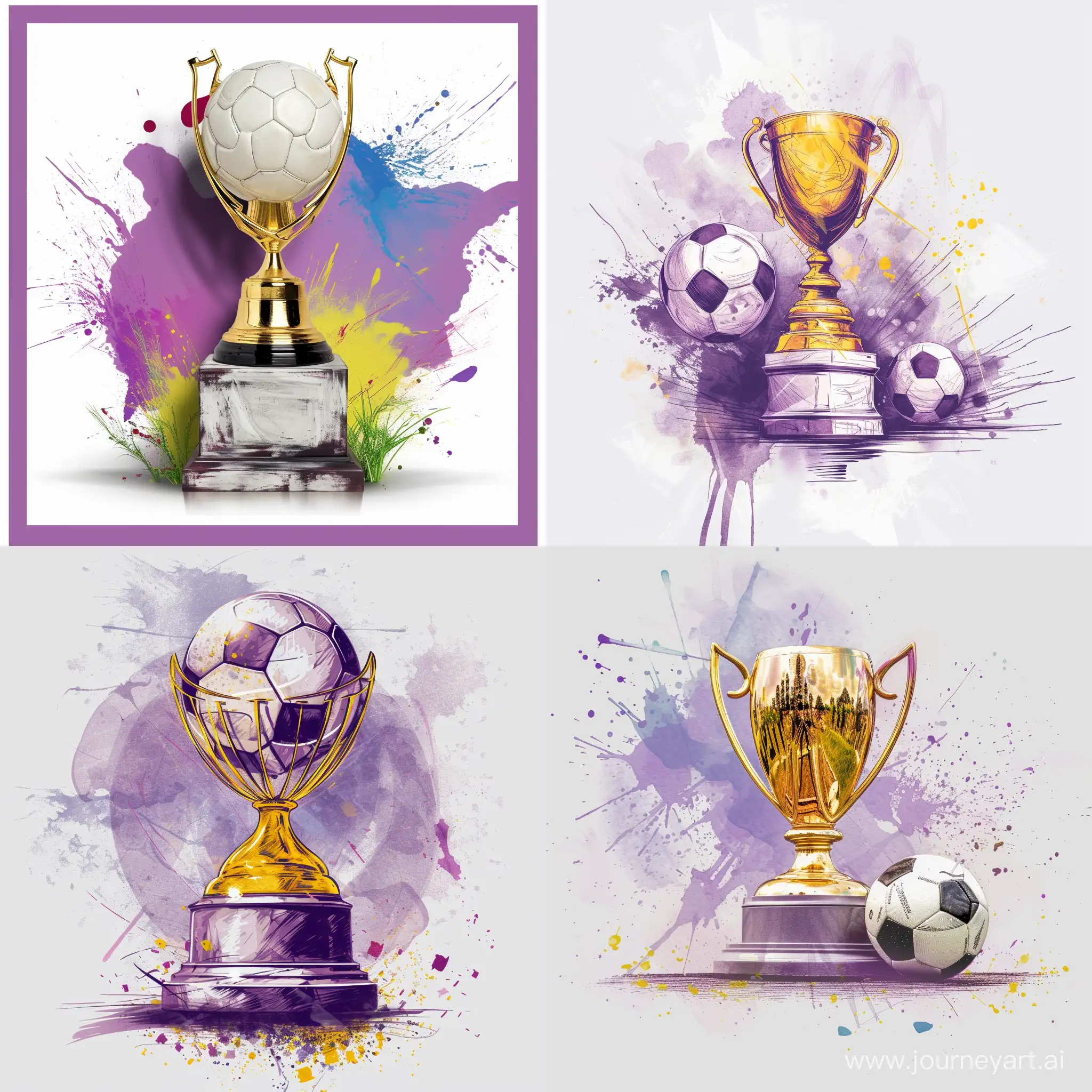 Victorious-Football-Team-Celebrates-with-Gold-Trophy-in-Elegant-Purple-and-White-Setting