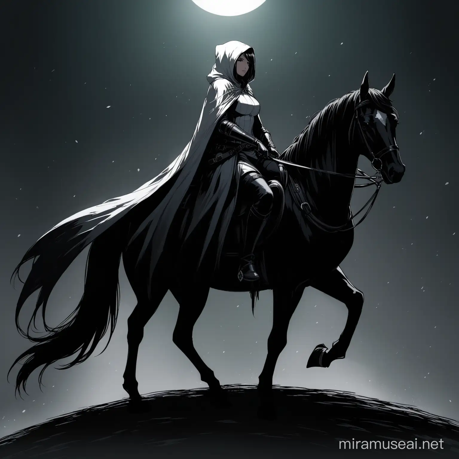 A horse of shadows and pitch darkness with a female assassin wearing a white assassin cloak sitting on the back of the standing dark horse.