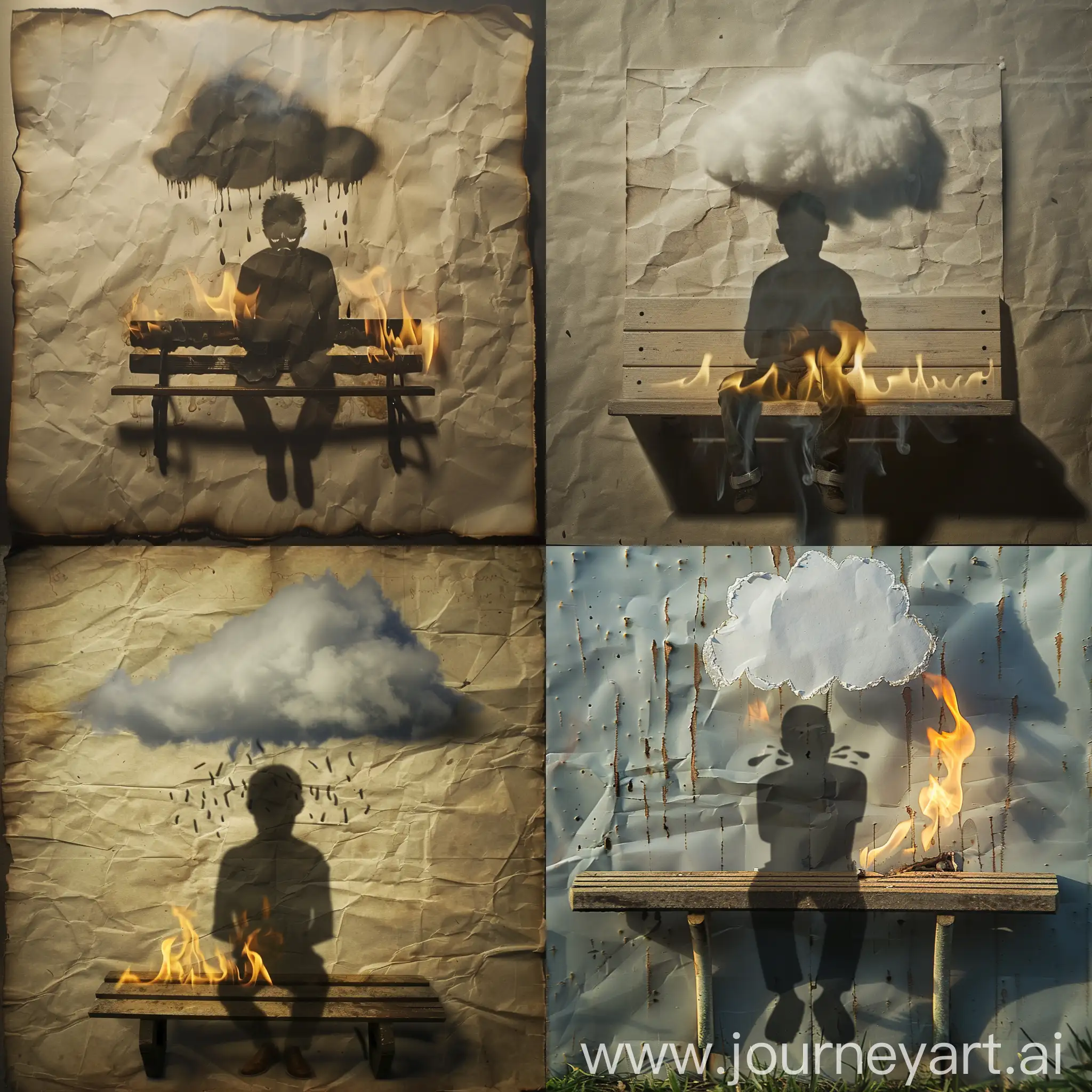 Burning paper of a crying shadow sitting on a bench with a cloud on top of his head