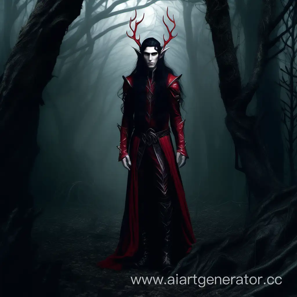эльф с длинными черными волосами и красными глазами, мужчина, стоит в тёмном лесу, картинка в полный рост, эльфийские уши выступают через волосы, выглядит как женщина, но мужчина