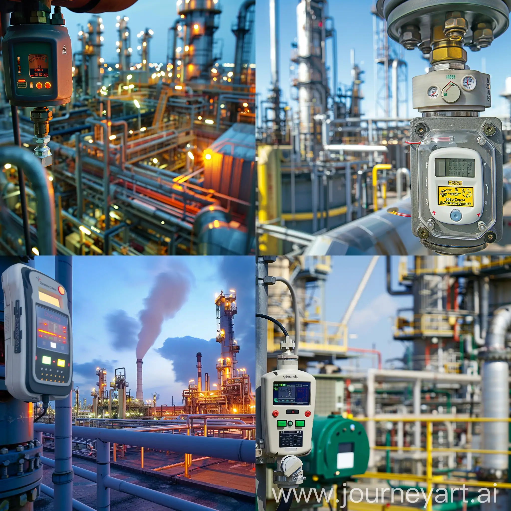 A view of the products and services of a gas detection device manufacturing company with a gas refinery background