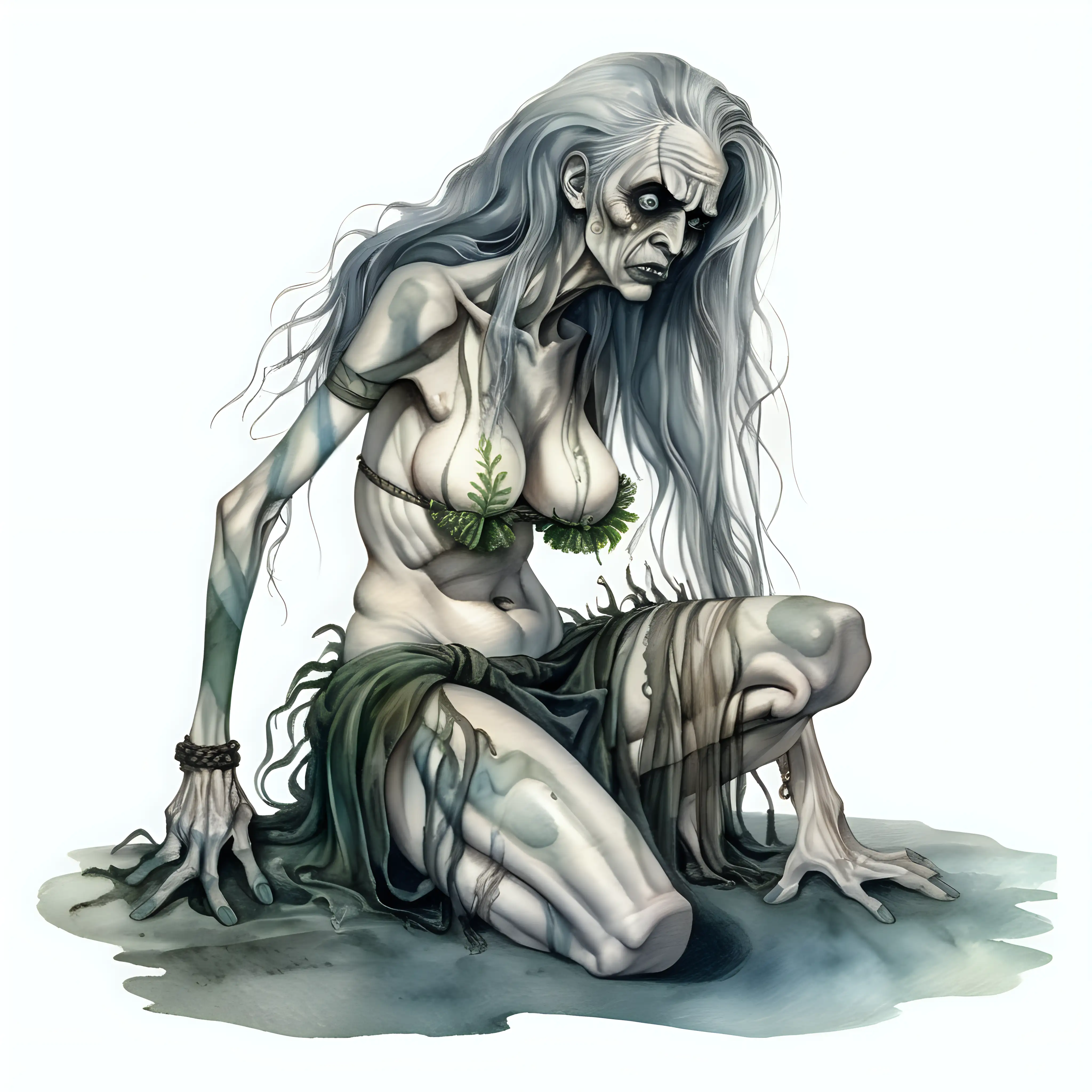 kneeling ugly decaying evil sea hag wearing seaweed loin cloth and bra, dark watercolor drawing, no background
