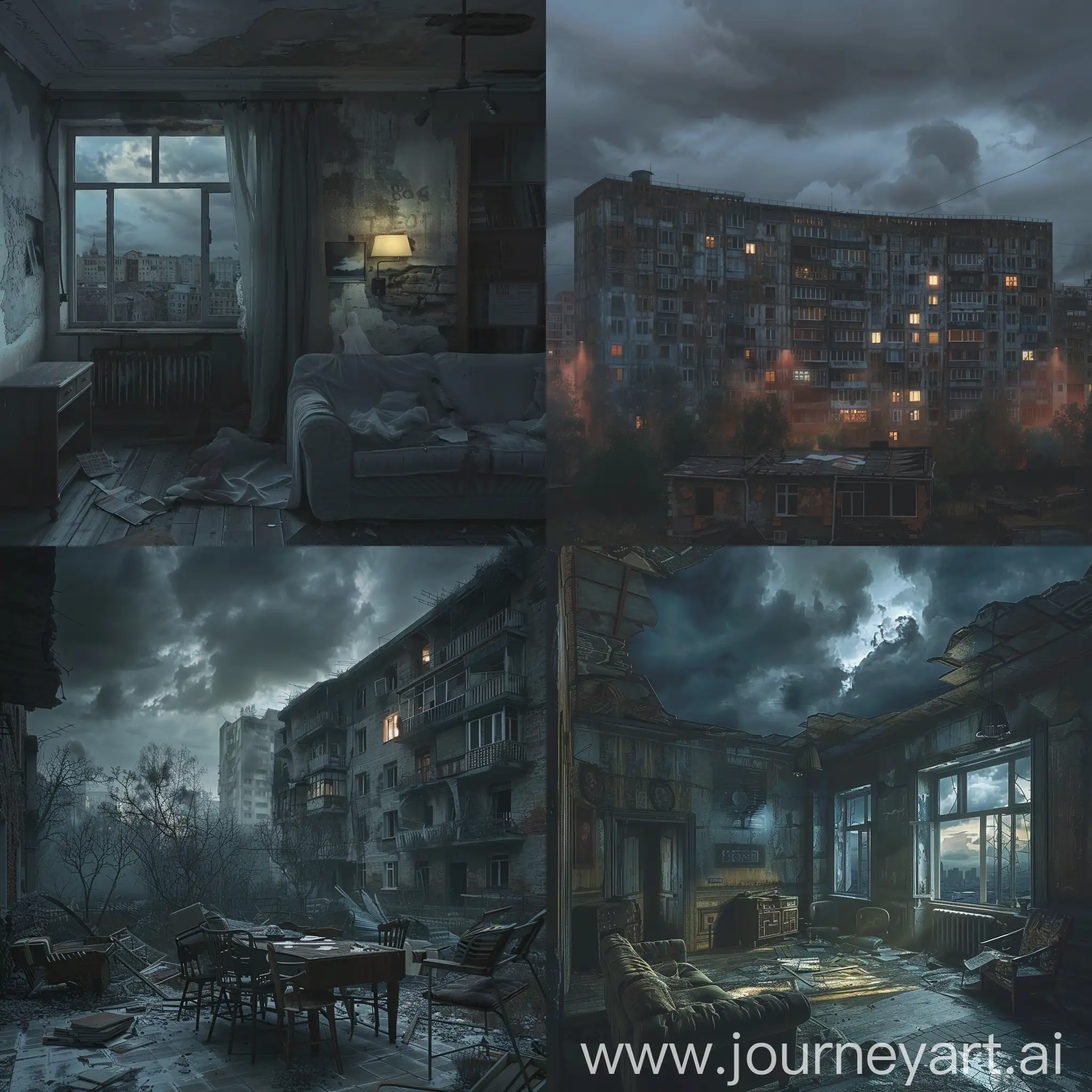 furnished apartment, Abandoned apartment in Russia,Gloomy atmosphere, an abandoned old building, a post-apocalypse,ghost,  a ruined apartment,  almost invisible, night, cloudy, gloomy atmosphere, hyper-realism, 8K image quality, ultra detail
