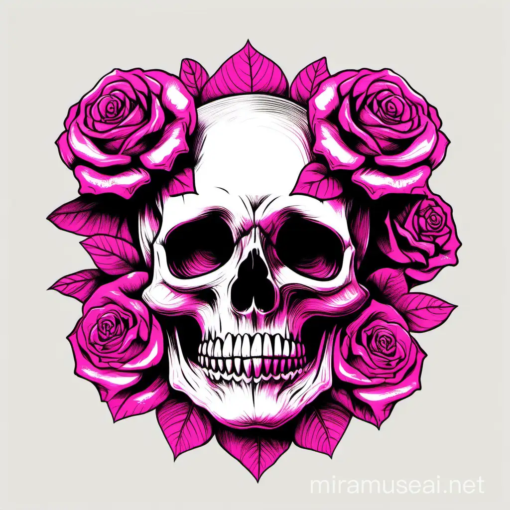 simple hand drawn illustration of a skull adorned with roses, rendered in hot pink toned, isolated on white background
