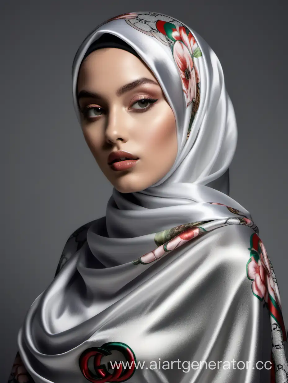 Красивая молодая девушка, пышные формы, шелковый хиджаб (серебрянного цвета) с принтом gucci, высокая детализация