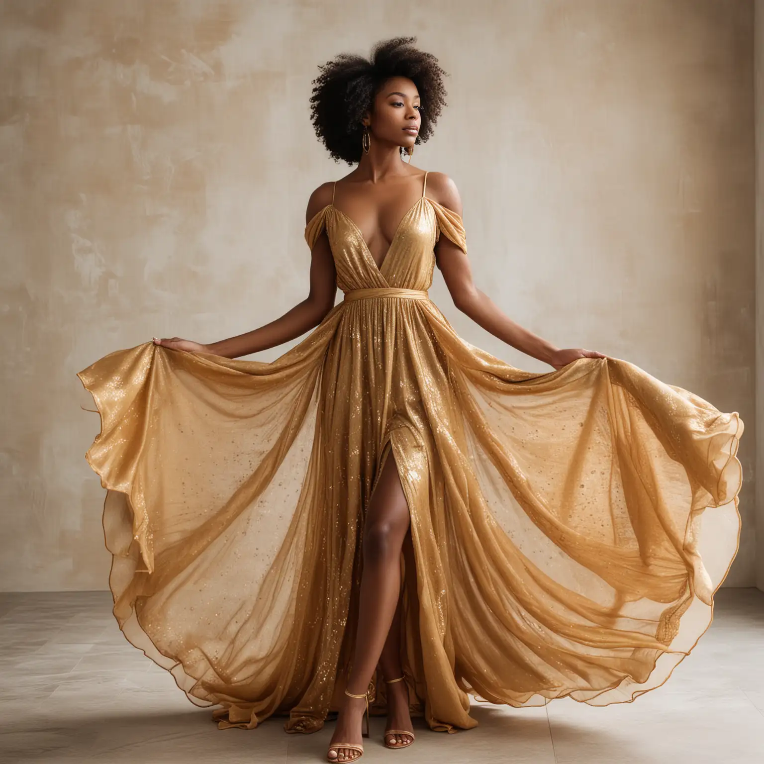 Elegant Black Woman in Shiny Gold Flowy Dress