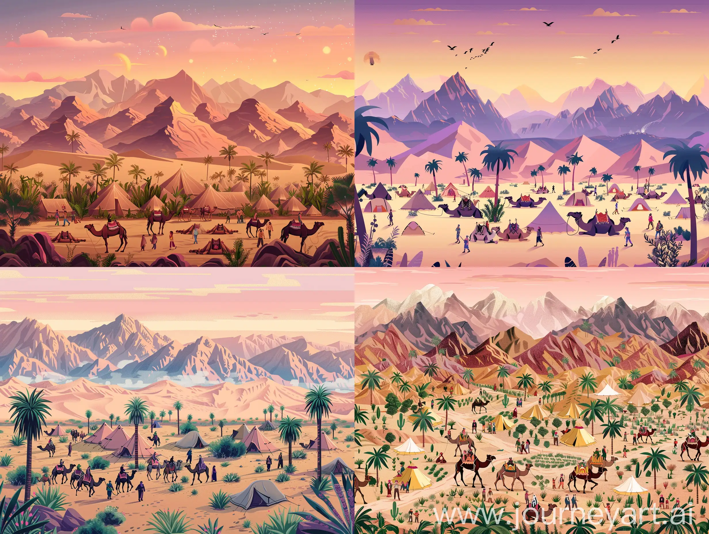 A wide scene in the desert, with many mountains and plantings, a lot of camels, people walking behind them, and they are very happy with tents and palm trees and camels lying down at sunrise time with pink sky and mountains in the background