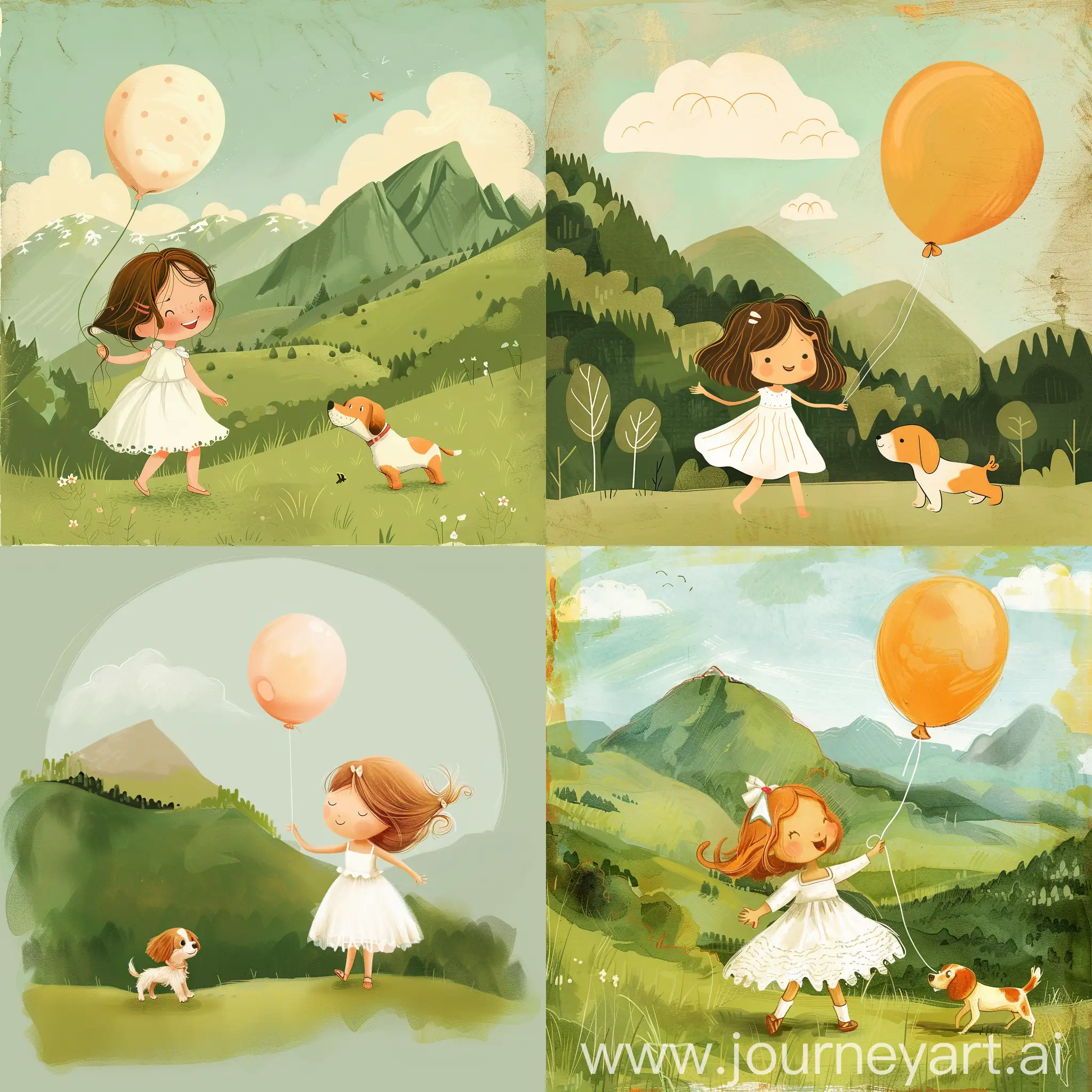 Joyful-Girl-in-White-Dress-with-Balloon-and-Dog-on-Green-Mountain