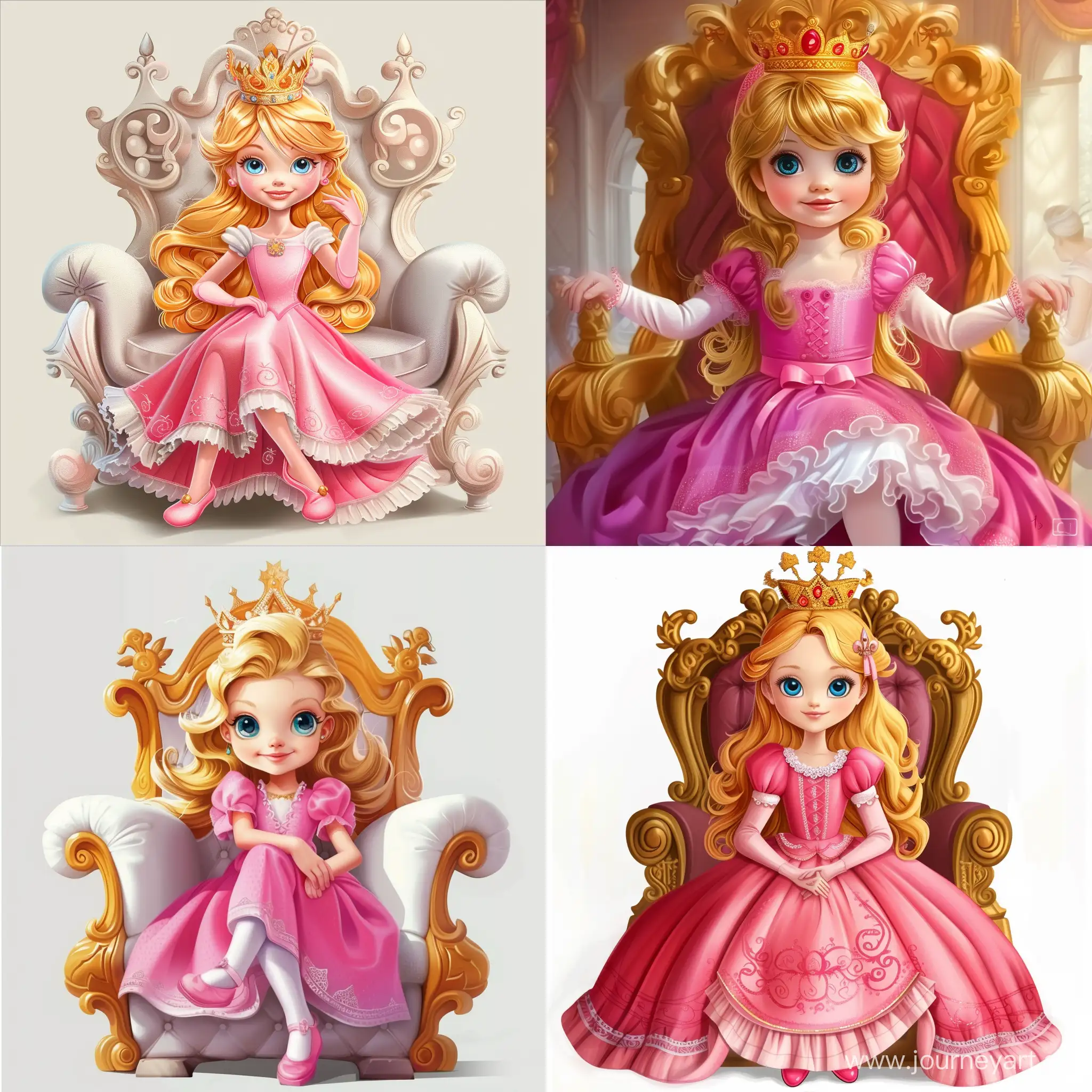 Beautiful girl, child, 6 years old, princess, sitting on the throne, pink dress, crown in her hair, golden hair, blue eyes, white skin, high quality, high detail, cartoon art