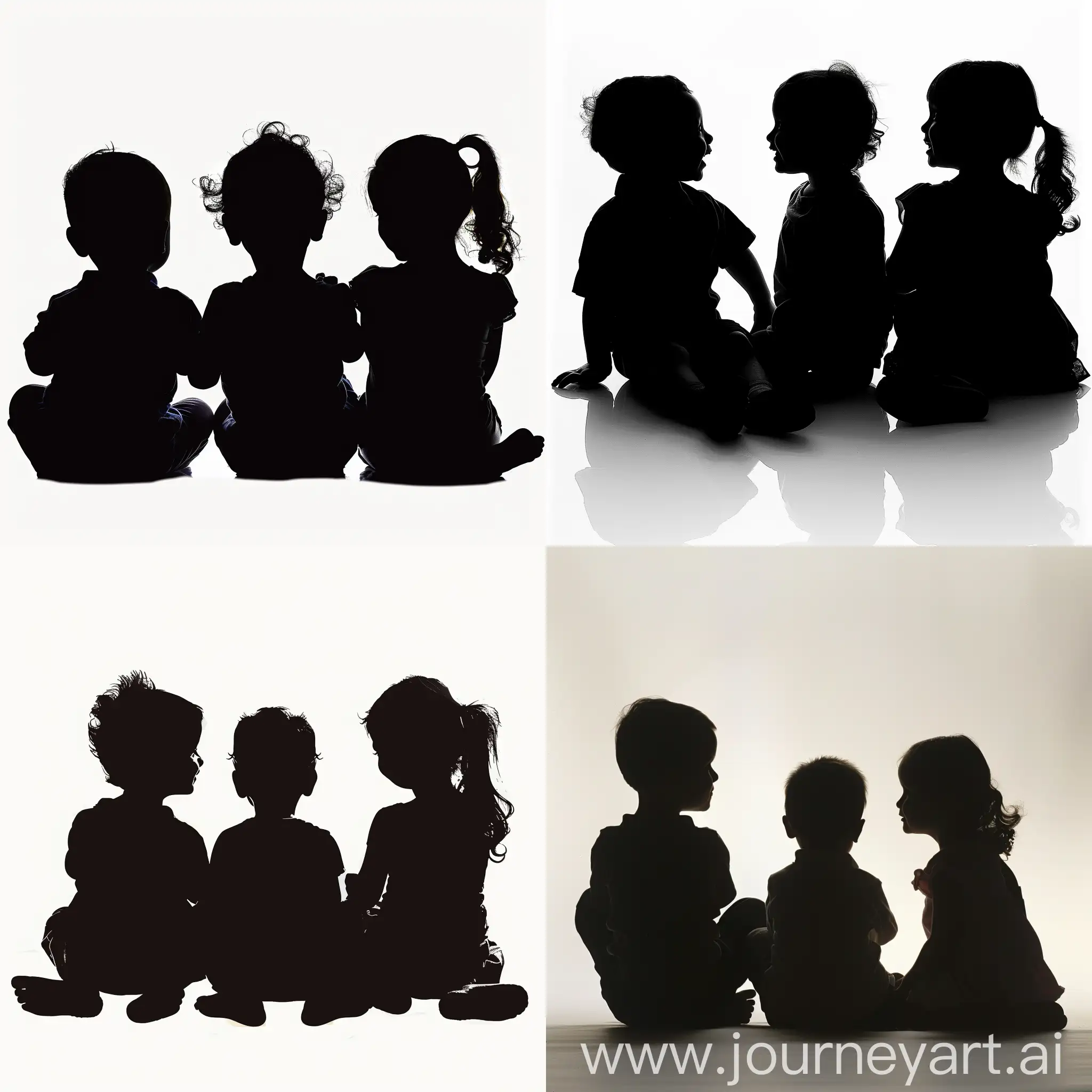 silhouette of 3 children sitting down side by side a young boy age 2 a young girl age 4 and a young girl age 7