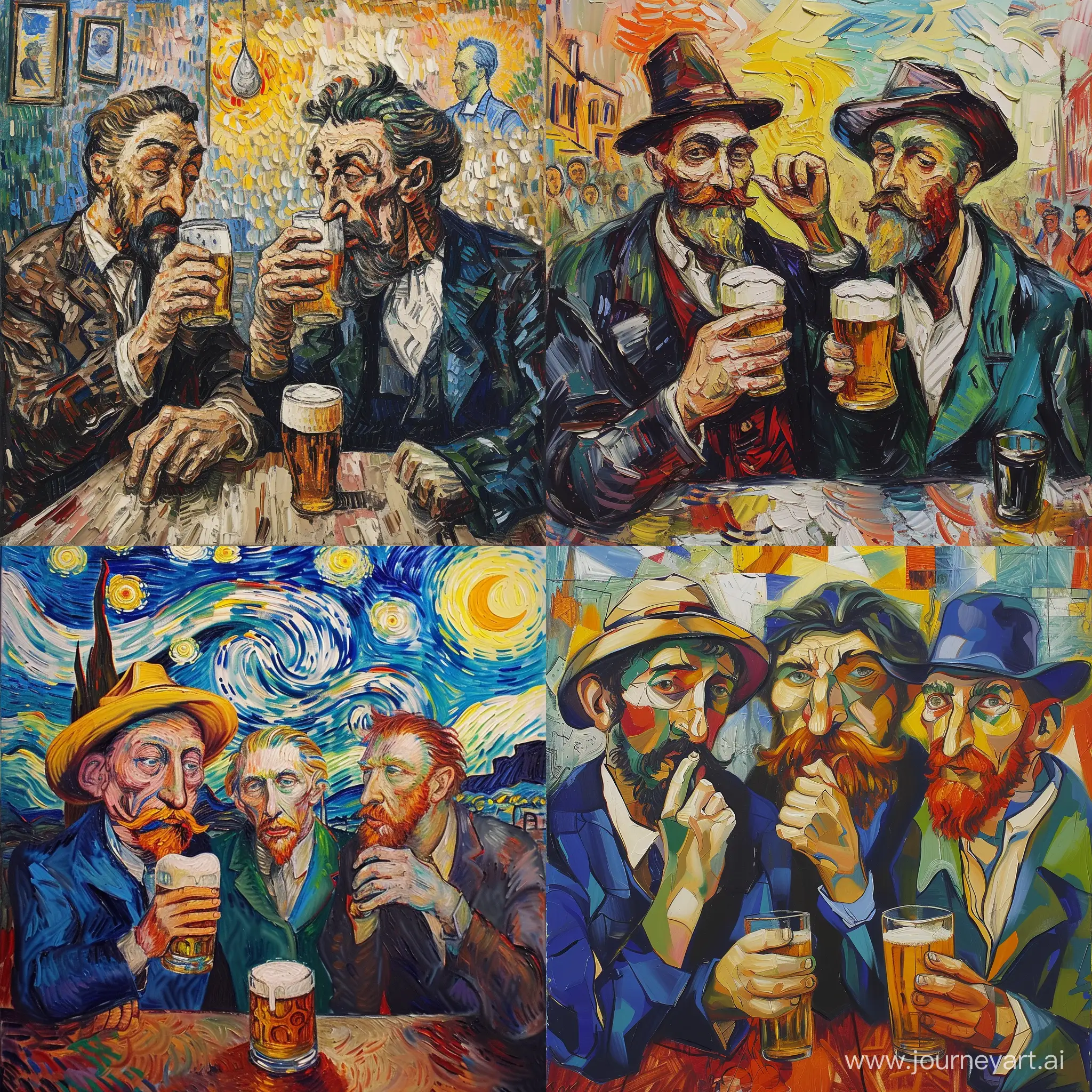 picasso,salvador dali and vangogh drinking a beer in an abstract environment 