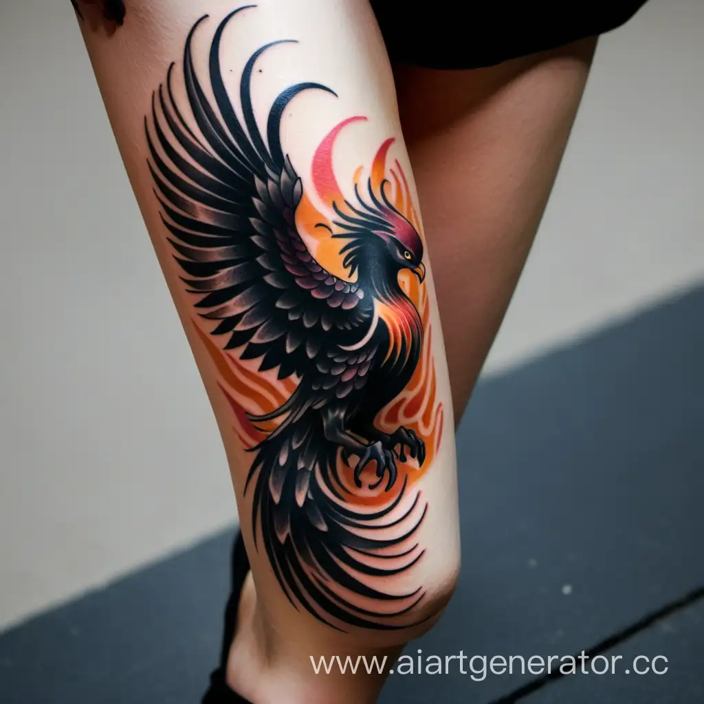 Черного цвета татуировка феникса  у девушки на ноге. 