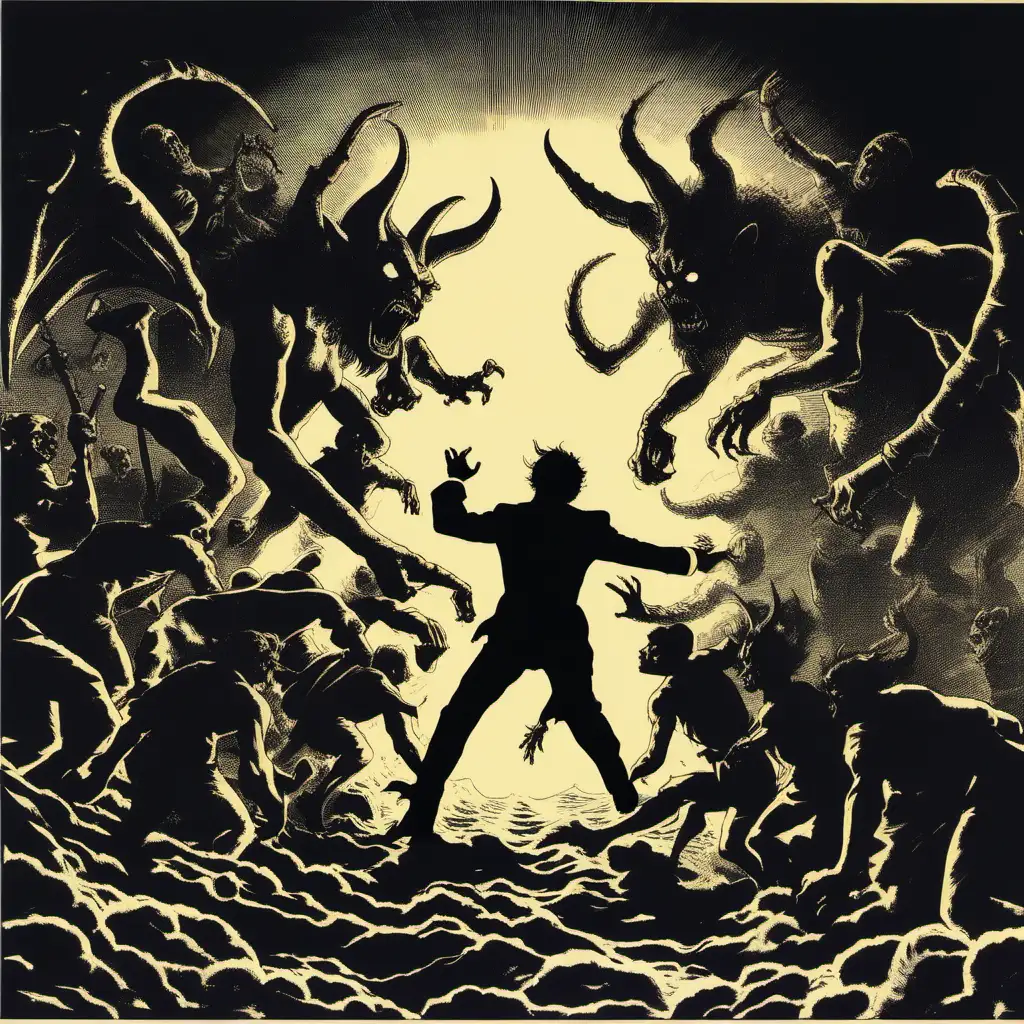 Silhouette of a man being chased by several demons, album cover