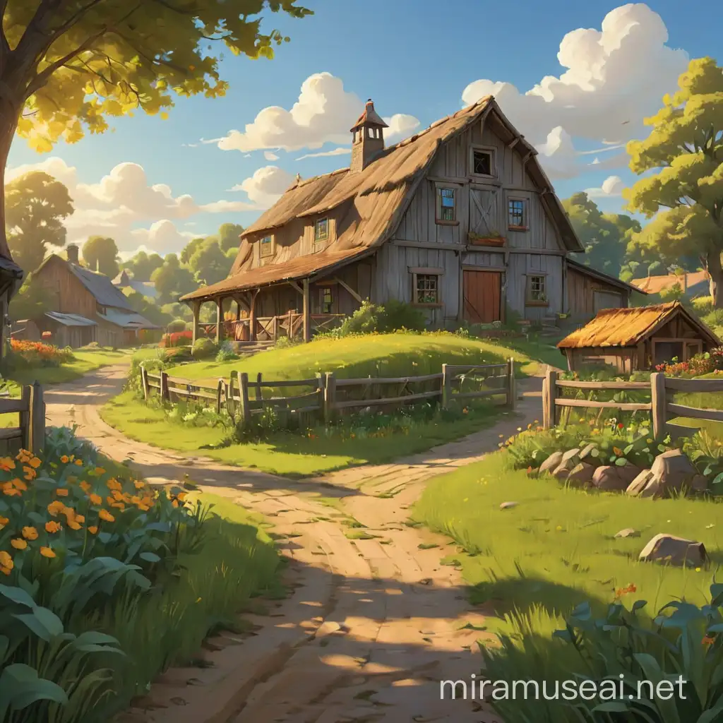 2D cartoon digital art of 2D cartoon  digital art of a little farm, in a village, sunny day. superb linework, classic 2D Disney style art, close-up, inspired by the art styles of Glen Keane and Aaron Blaise, (trending on artstation), Disney-style version of a little farm, in a village, sunny day. superb linework, 