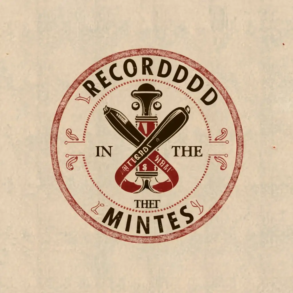 a logo design,with the text "Recorded in the minutes", main symbol:Rubber stamp, pen, work, red, black, bordeaux, sheet of paper, record book, ,Moderate,clear background