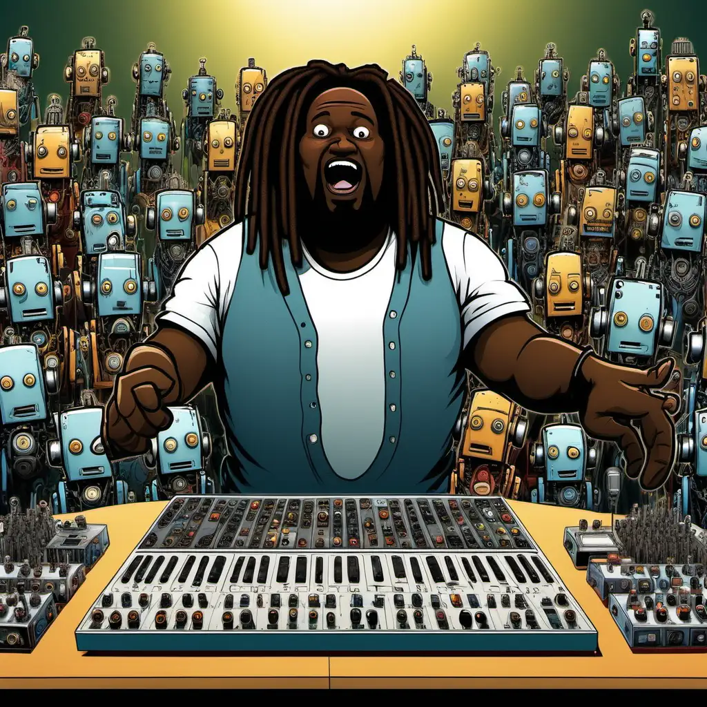 room full of robots singing into microphones, in a studio  with a big blackman with dreads as the music conductor

