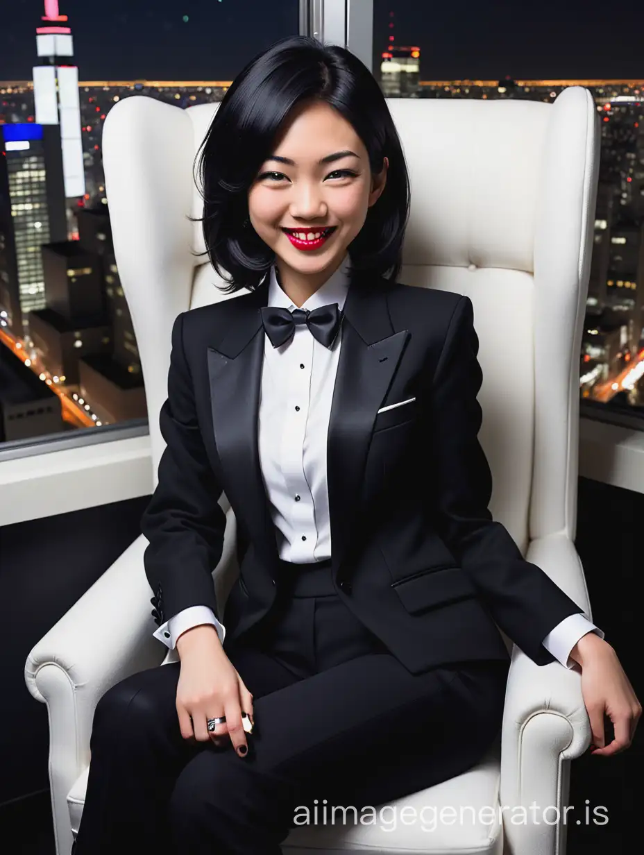 It is night at the top of a skyscraper.  A smiling japanese woman shoulder length black hair, and lipstick, mid-twenties of age, is sitting in a plush chair.  She is wearing a tuxedo with a black jacket and (black pants).  Her shirt is white with double french cuffs and a wing collar.  Her bowtie is black.   (Her cufflinks are large and black).  She is wearing shiny black high heels. 