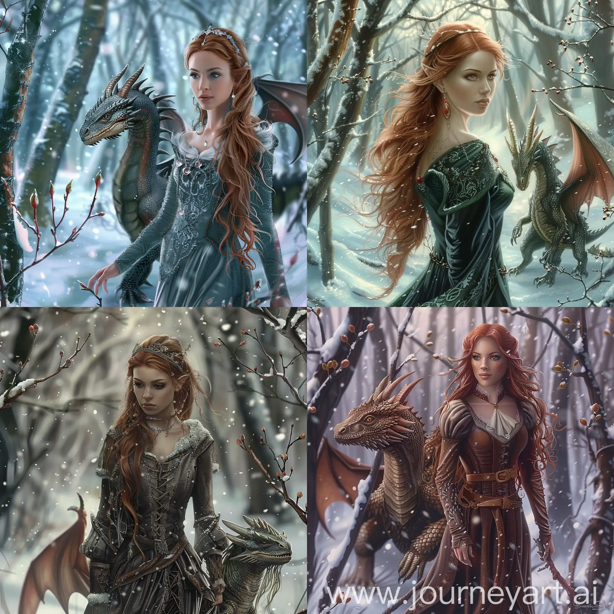 beautiful medieval woman with delicate facial features and long red hair walking with her dragon through a snowy enchanted forest. There are a few buds on the trees. Beautiful magical mysterious fantasy highly detailed etheral 