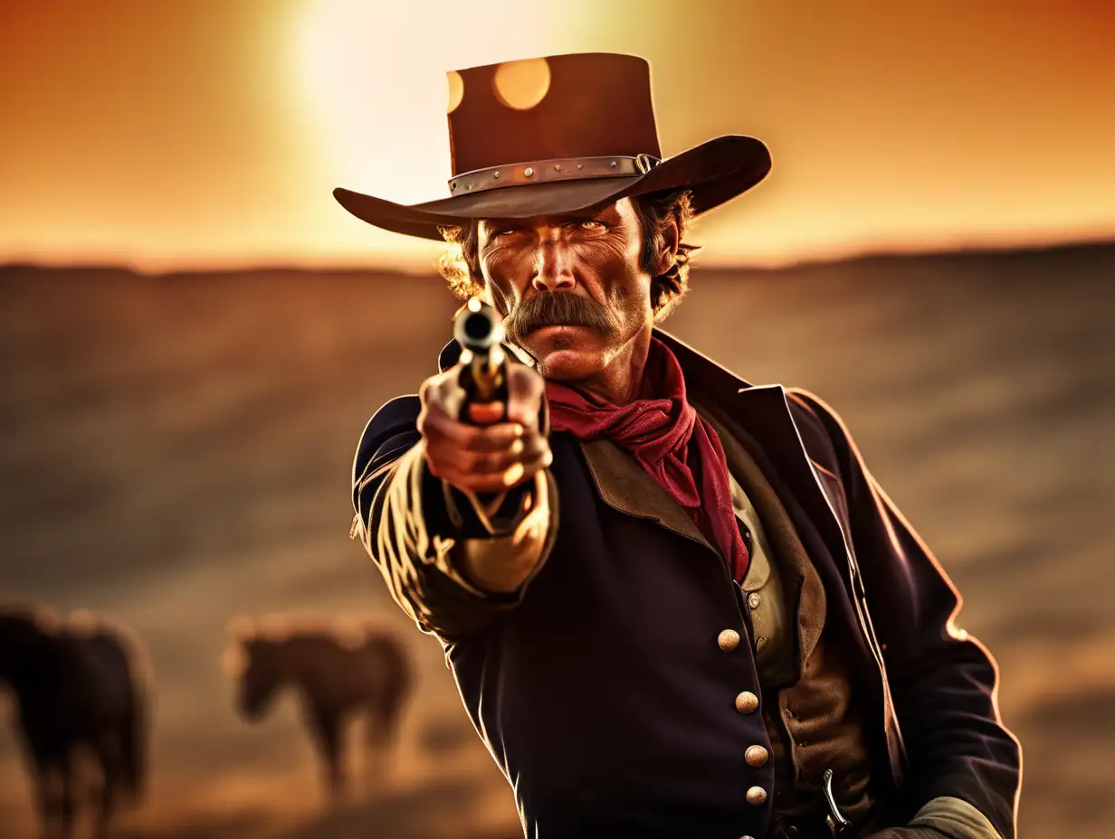 Cowboy Aiming Colt 45 at Sunset Cinematic Portrait from 1860