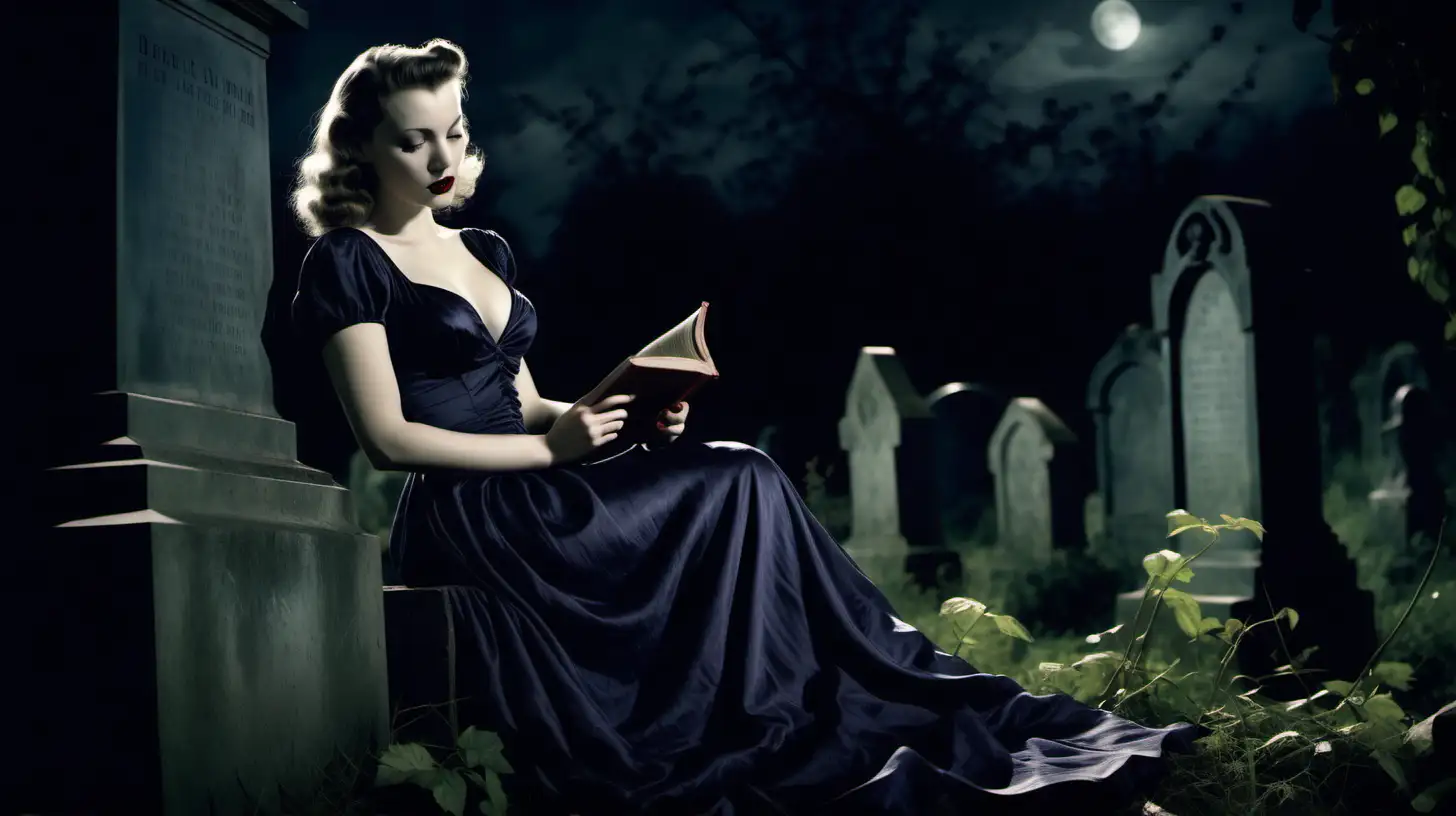 Moonlit Gothic Reading 1940s Woman on Derelict Tomb
