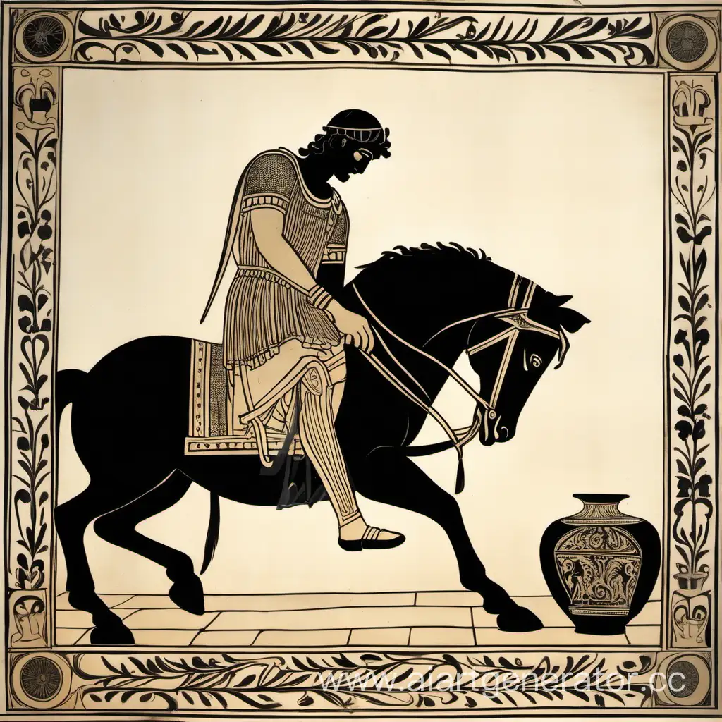 Alexander the Great has fallen off his horse and is lying on the ground with his arse up in the style of black-figure vase painting