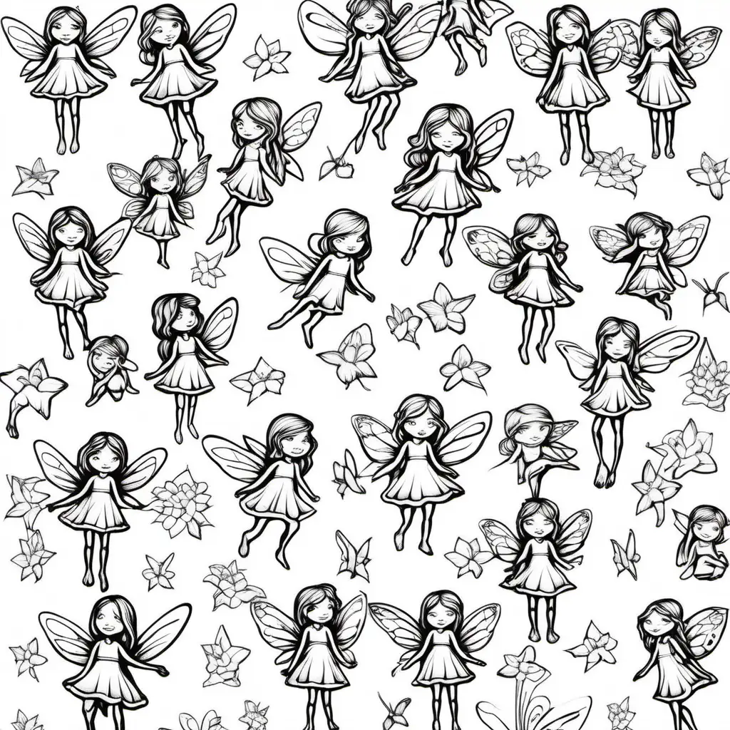 a clean simple drawing of a repeated pattern of little fairies, -no background, outlines, kids colouring page, black and white: 1.5, white png background, flat 2d  –no shading, gradient, colors: 1.5, saturation:1.2, colored, shadow: 1.1, 3d -- ar 9:11