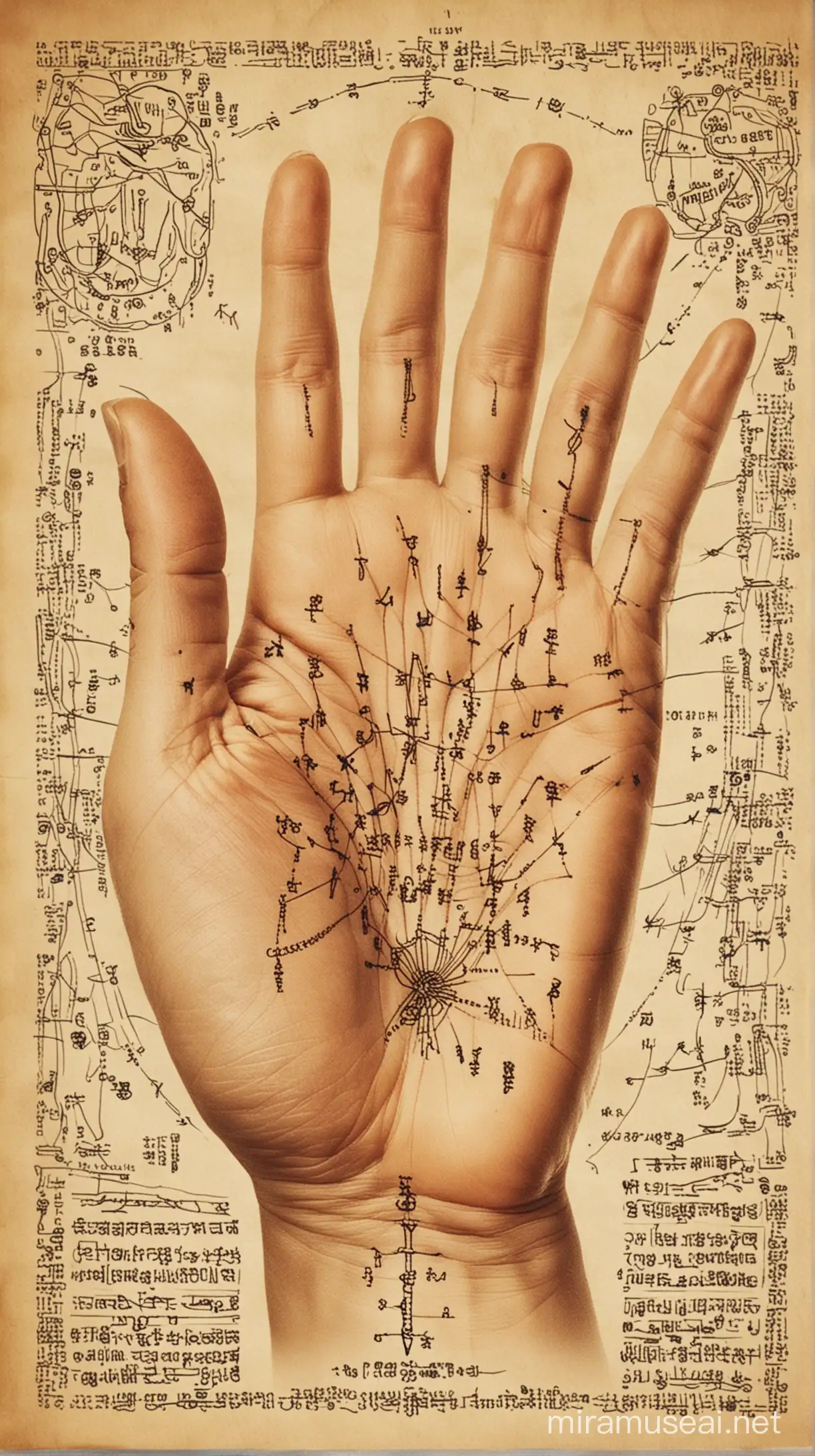 Illustration of Palmistry Practice with Mystic Symbols and Hand Gestures