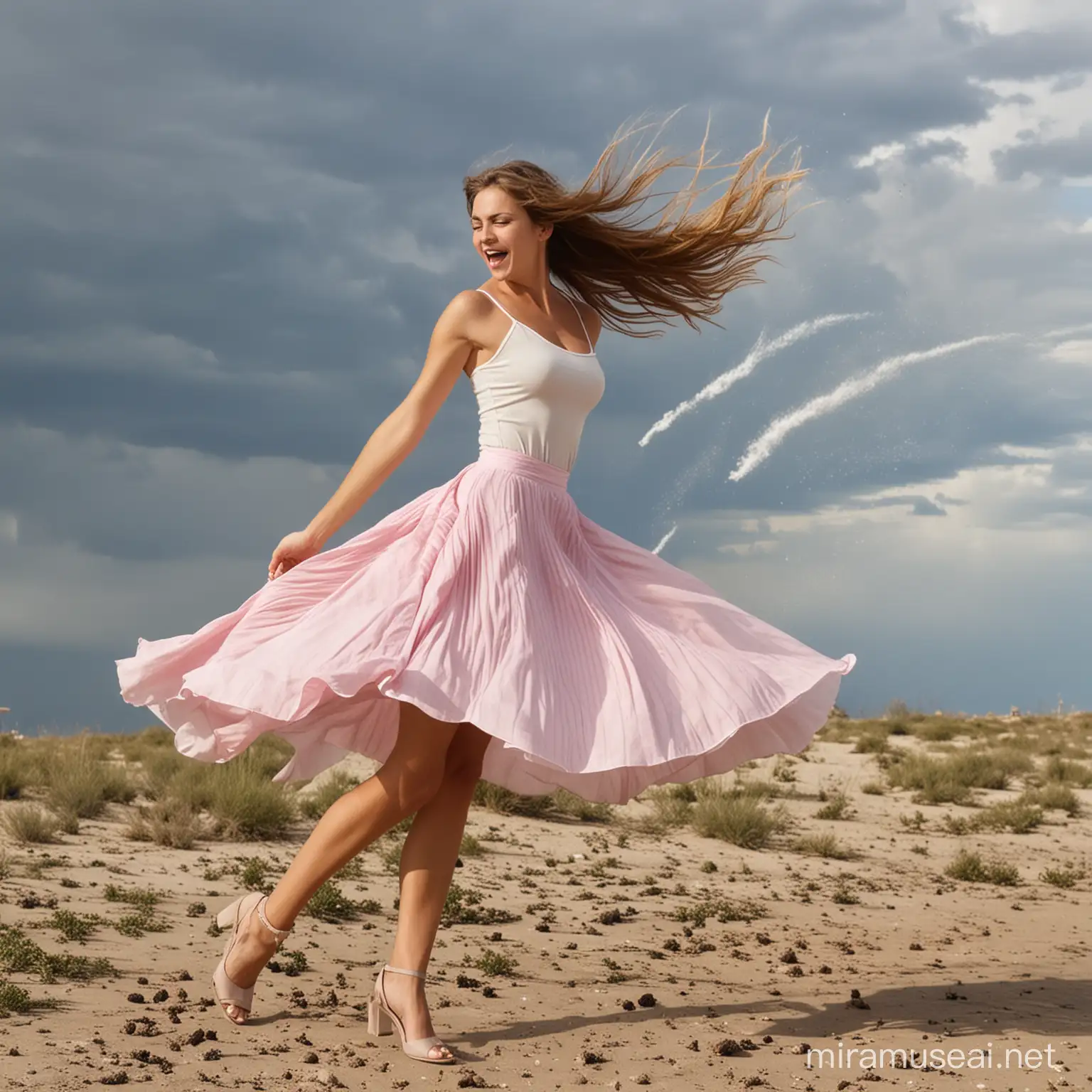 Beautiful Girls Skirt Blowing in Strong Wind
