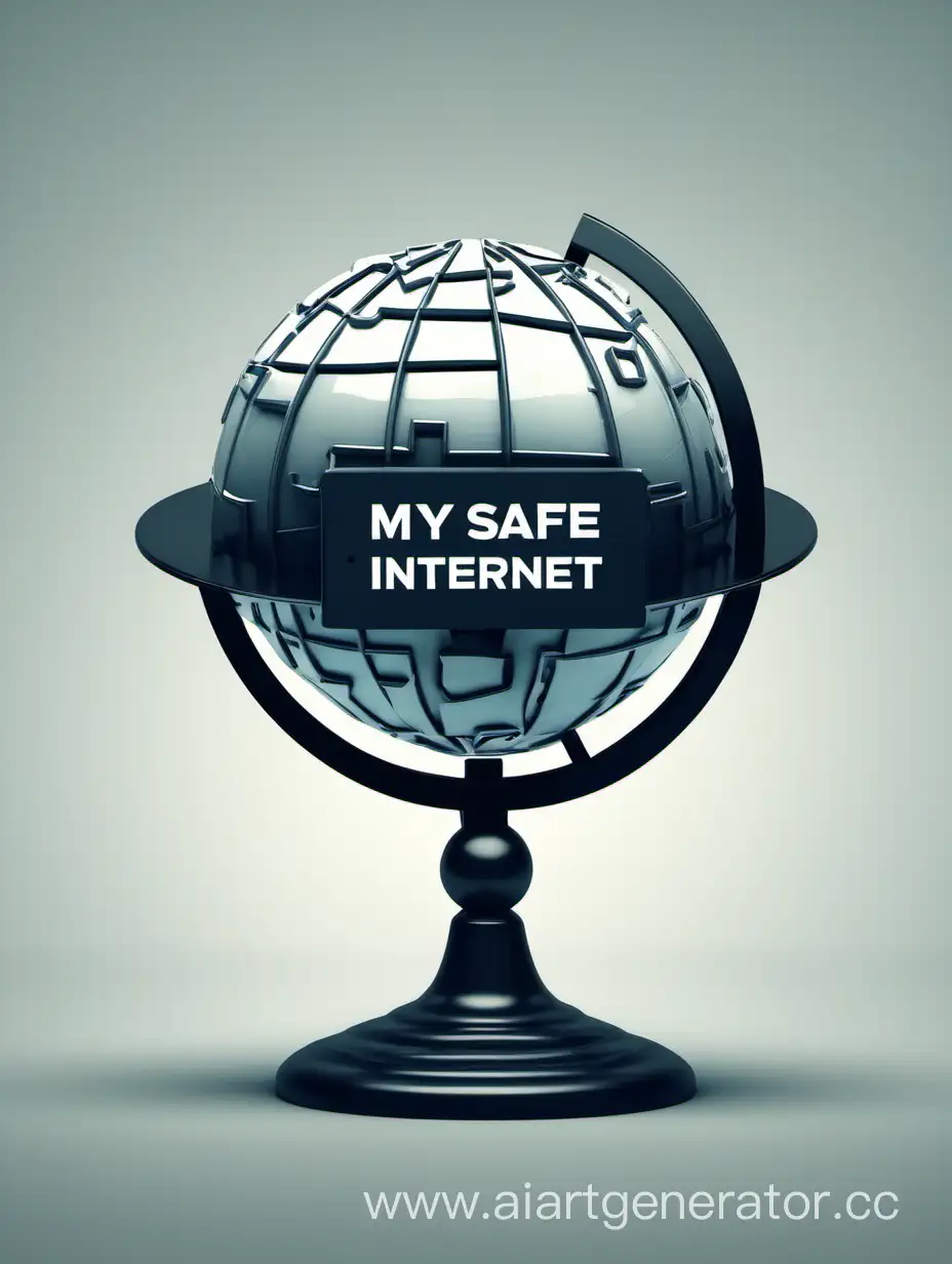 Создай изображение глобуса, символизирующего интернет, с защитным щитом и надписью 'Мой безопасный интернет'."