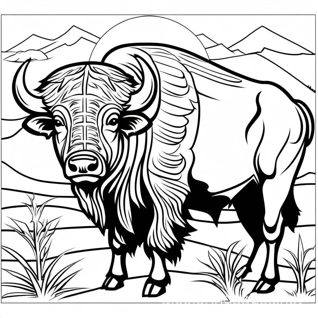 The American Buffalo, Coloring Page, black and white, line art, white background, Simplicity, Ample White Space. The background of the coloring page is plain white to make it easy for young children to color within the lines. The outlines of all the subjects are easy to distinguish, making it simple for kids to color without too much difficulty