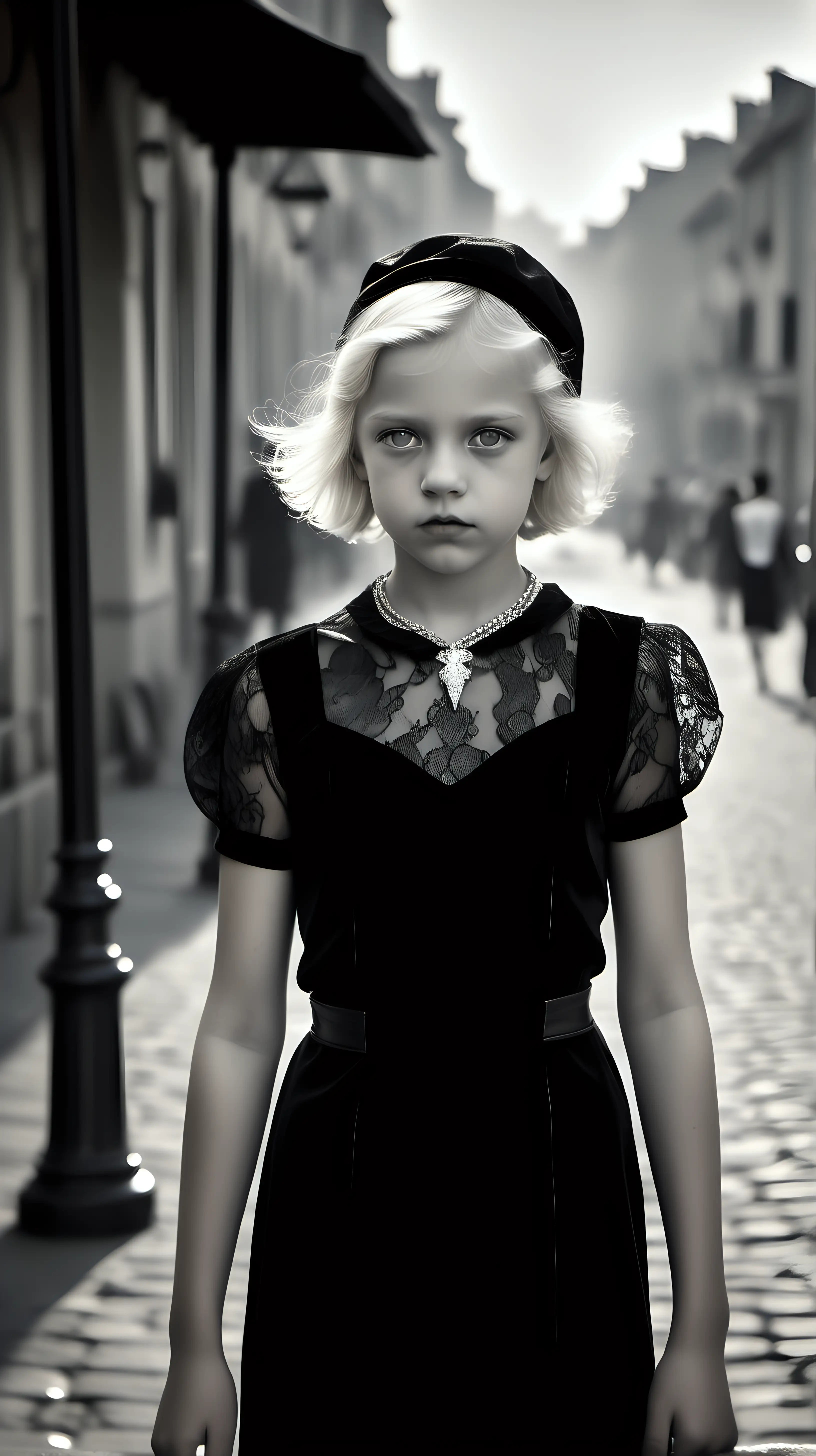 photo of a young little 8yr girl
Black and white photography
fog
diffuse light 
hd ,8k,realistic,photorealistic,photography,ultra-detailled,high resolution,Canon Eos R5,dslr,ISO 100,Shutter speed 1/1000

A wealthy young little 8yr girl, she is wearing a fancy black velvet high necked long sleeved 1930s gown, she is wearing a black leather short dress, she has white-blonde hair and pale  eyes, she is wearing a black lace hat, she is walking down a historic French city waterfront street, she has an angry expression, behind her are two younger white-blonde women in short-sleeved black 1930s voile white dress,black nylon tights, and heels stiletto, diamonds necklace, cigarette