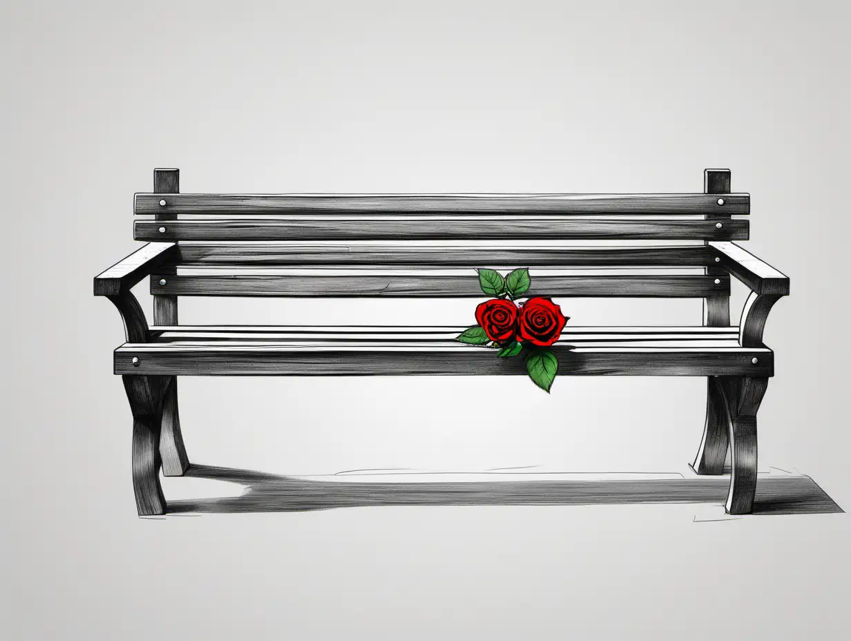 Schwarz-Weiß-zeichnung einer Sitzbank aus Holz, Sitzbank mit Rückenlehne, Sitzbank mit Armlehnen, auf der Sitzfläche liegt eine kleine rote Stielrose, weißer Hintergrund, Seitenansicht