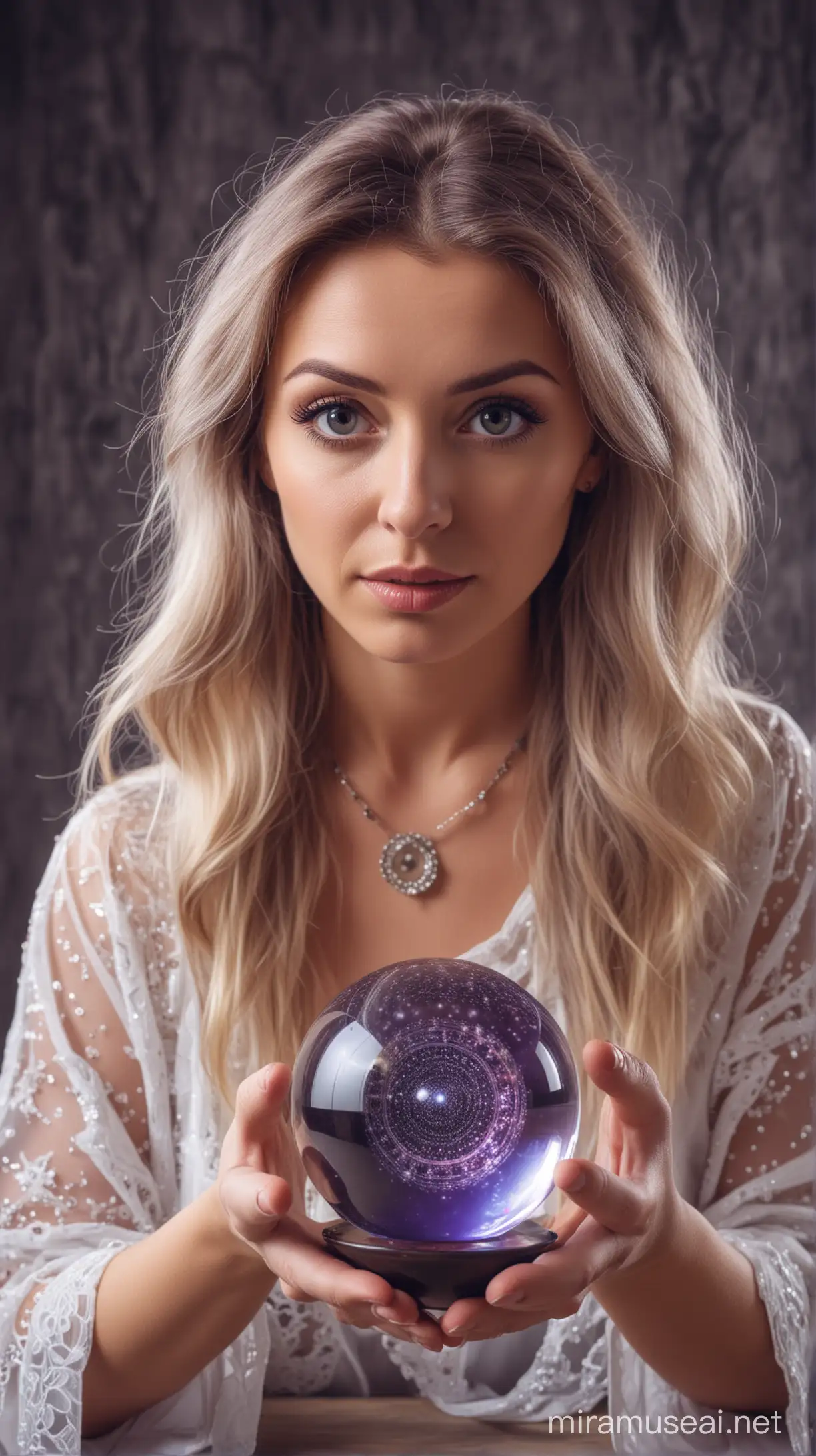 Psychic Woman Gazing into Crystal Ball Foreseeing the Future