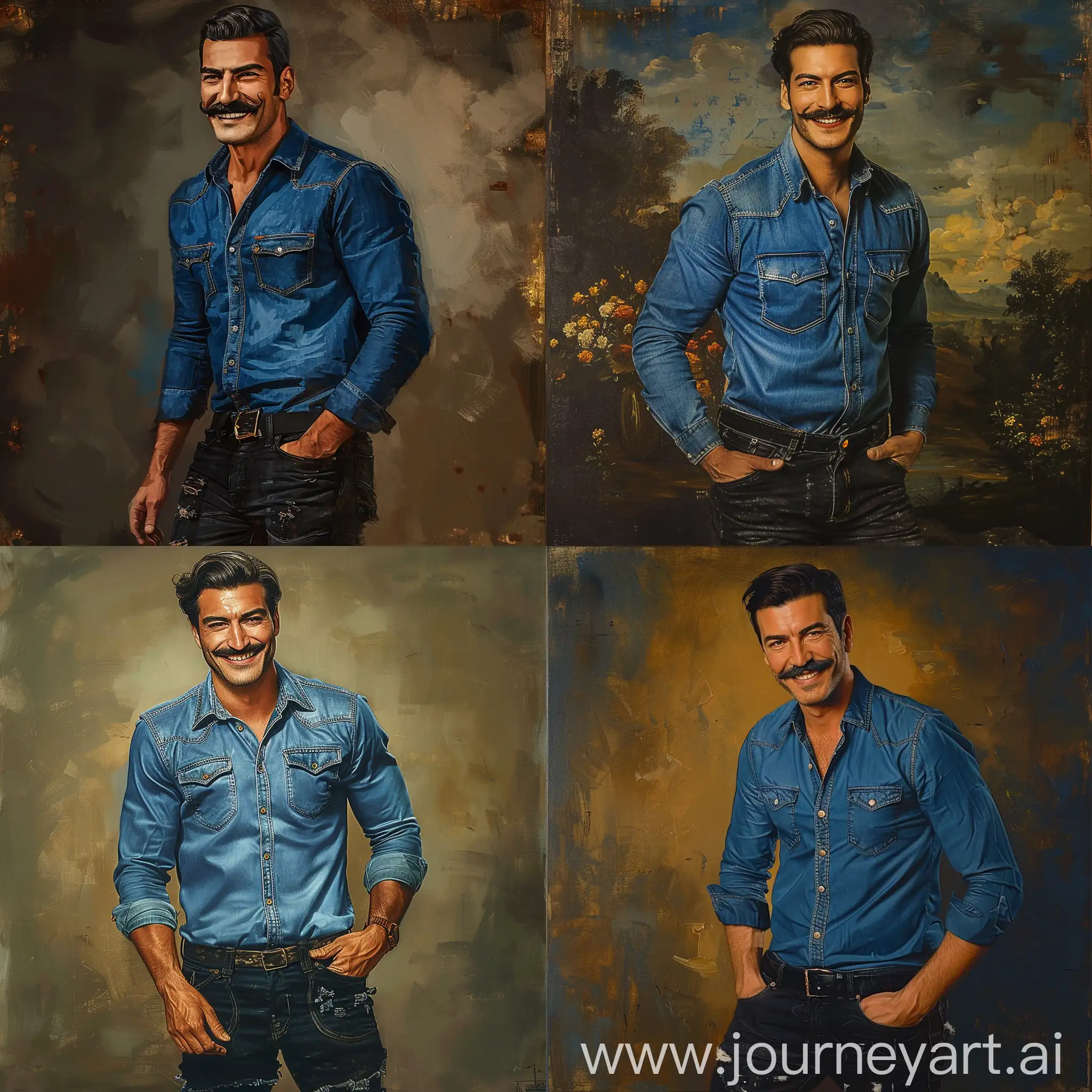 a baroque painting of Burak Özçivit Turkish actor and super model in a blue simple denim shirt and black rugged jeans, thick mustache, neatly combed hair style, clean shaven, smiling playfully, intricate details, Turkish cultural background, romantic scene, epic, masterpiece, perfect composition, high quality, golden ratio applied in the design, in the style of Rembrandt, waist shot