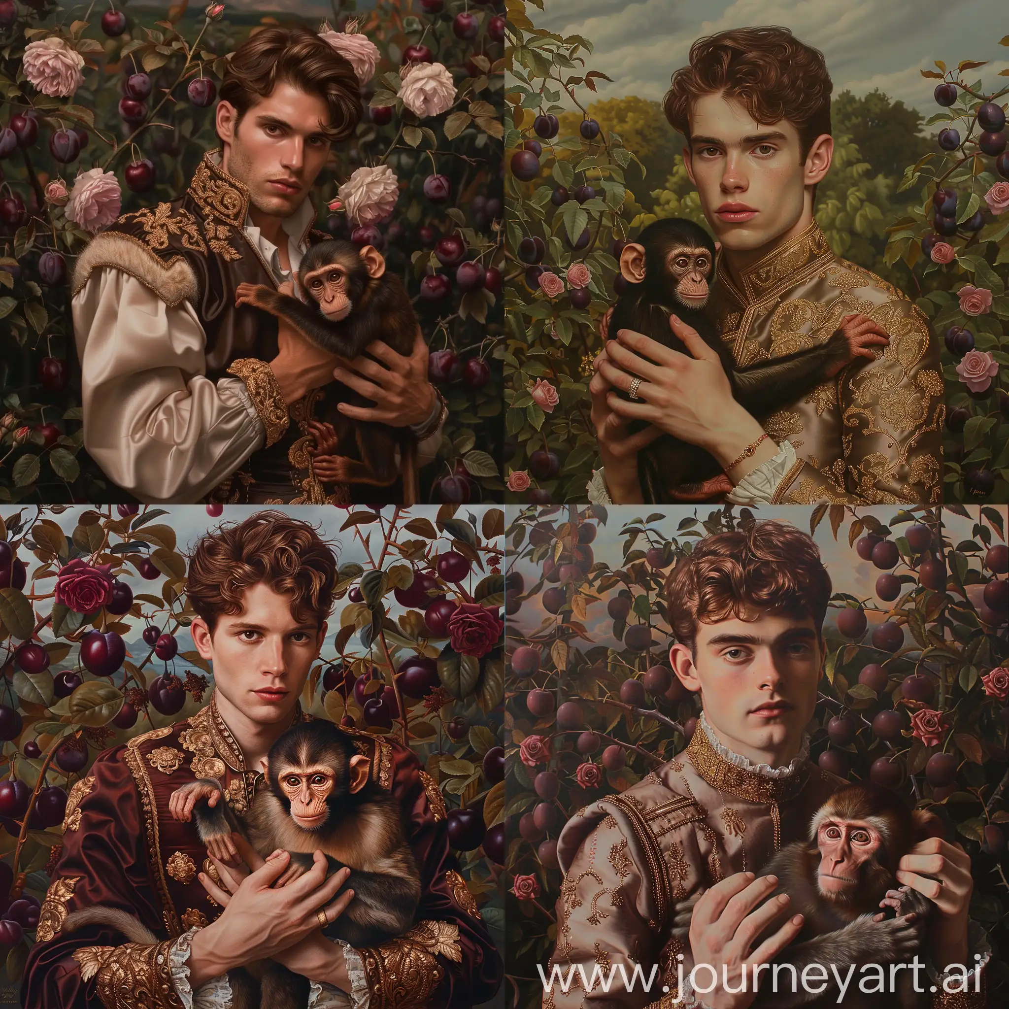 handsome guy with brown hair, European type, Baroque style, with a monkey in his hands against a background of plum trees and luxurious bushes with roses, hyper-realism