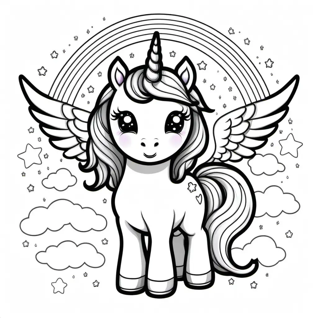 ssimple cute unicorn  with wings and rainbow
coloring page
line art
black and white
white background
no shadow or highlights