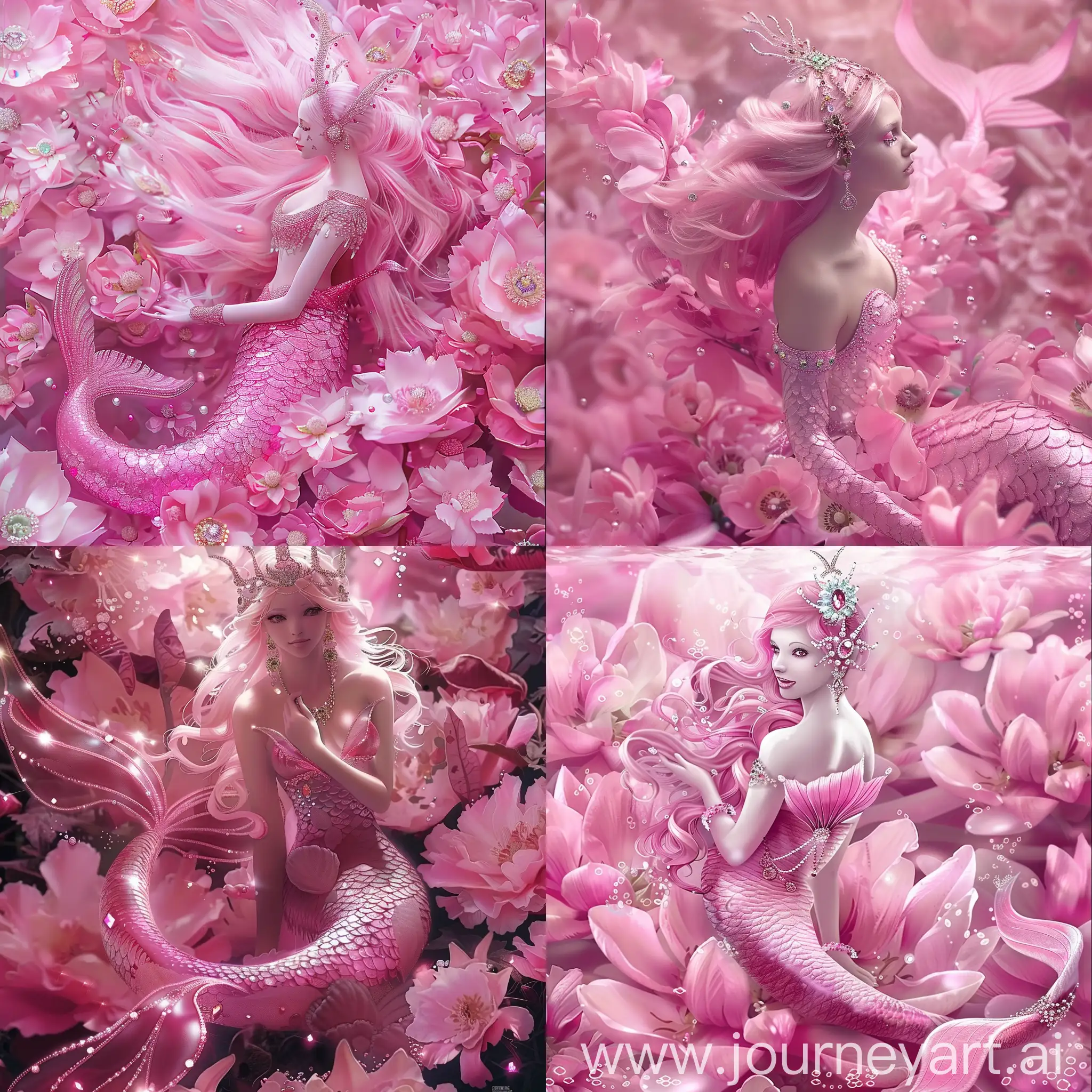 розовая русалка с драгоценностями в волосах сидит на цветах розового цвета