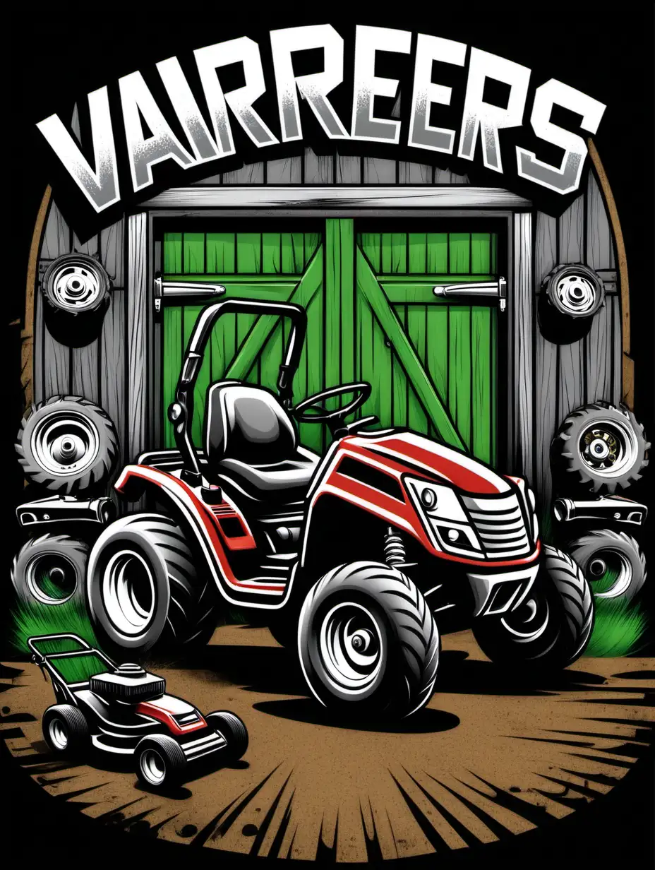 t-shirt design with a Varners Powersports. Old workshop Doors inside the workshop inside with outside the doors with a lawnmower tore apart outside pistons, mower parts. Spot color cartoon style shirt design