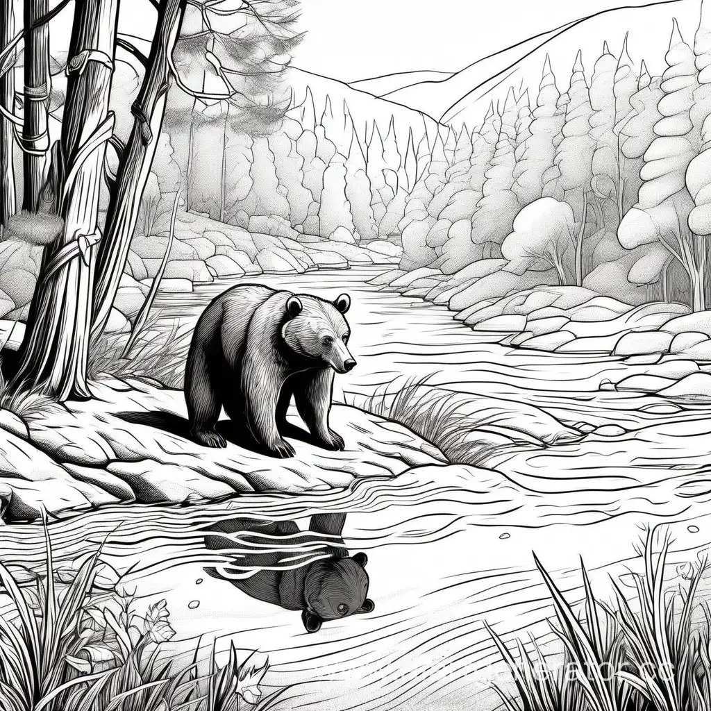 a shy bear is eating a fish in the river, trees back scene, illustration, linework