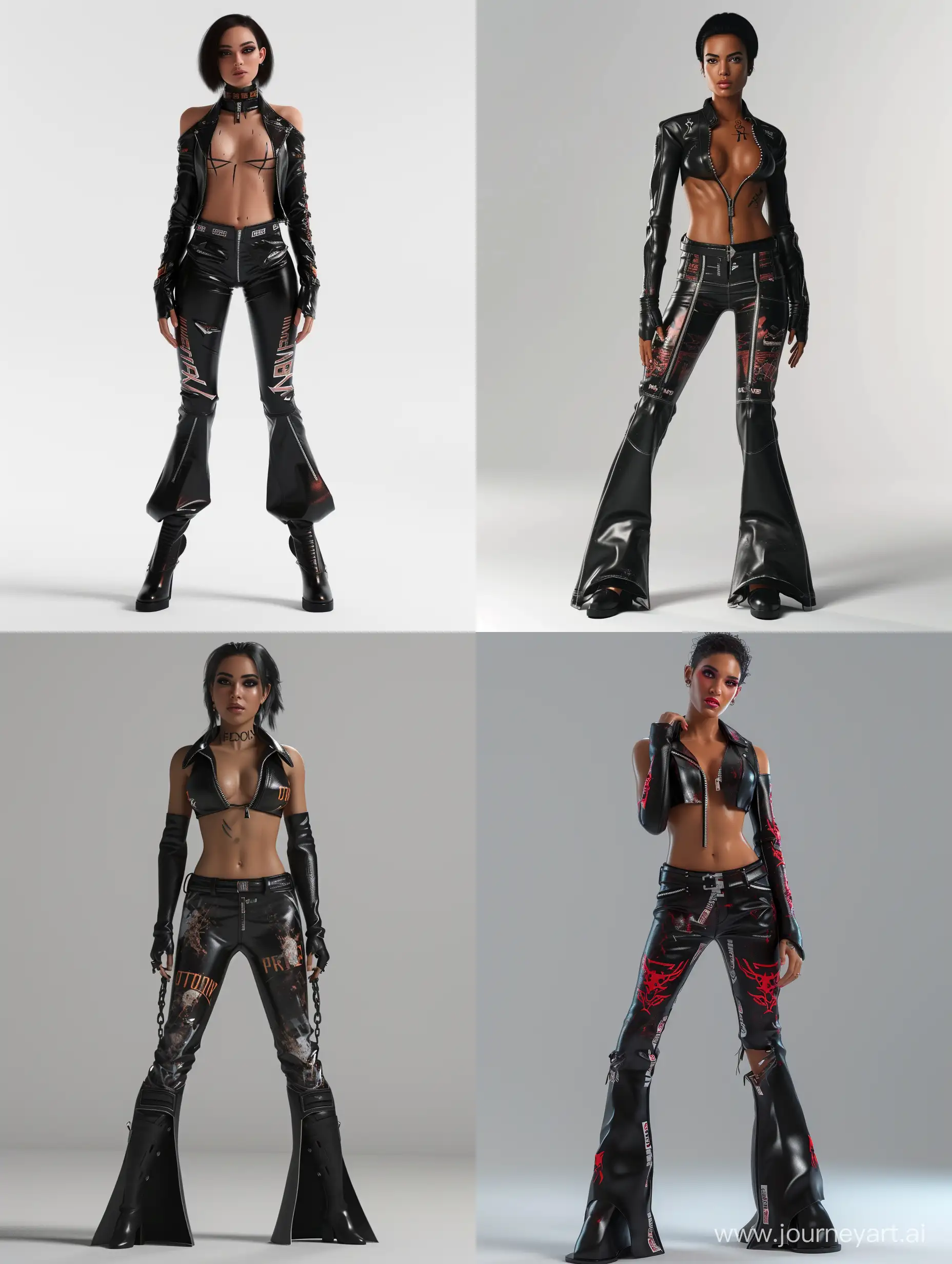 Render, 3D, 2000's Game Graphics, 2000's Video Game, Poster, Woman, Latina, Femininity, Brutality, Athletic Body, Dark Skin, Dark Hair, Short Hair, Makeup, Tight Black Leather Zip Top with Racing Print, Cleavage, Long Sleeves, Black Flared Leather Pants with Racing Print, Black Boots, Brutal Pose, Smirk on Face, Blank Background