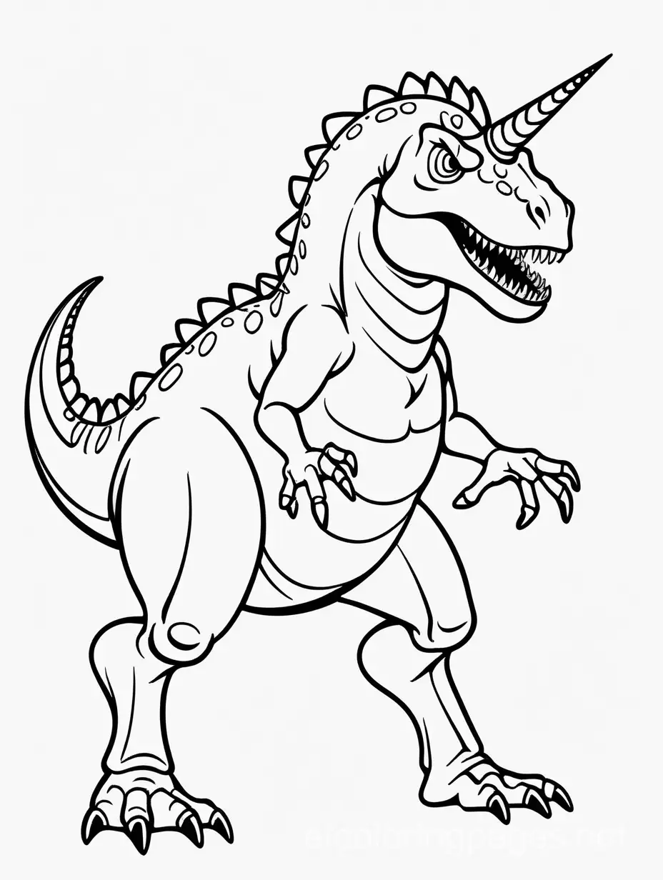 Unicorn head and T-Rex body, Coloring Page, black and white, line art, white background, Simplicity, Ample White Space. The background of the coloring page is plain white to make it easy for young children to color within the lines. The outlines of all the subjects are easy to distinguish, making it simple for kids to color without too much difficulty