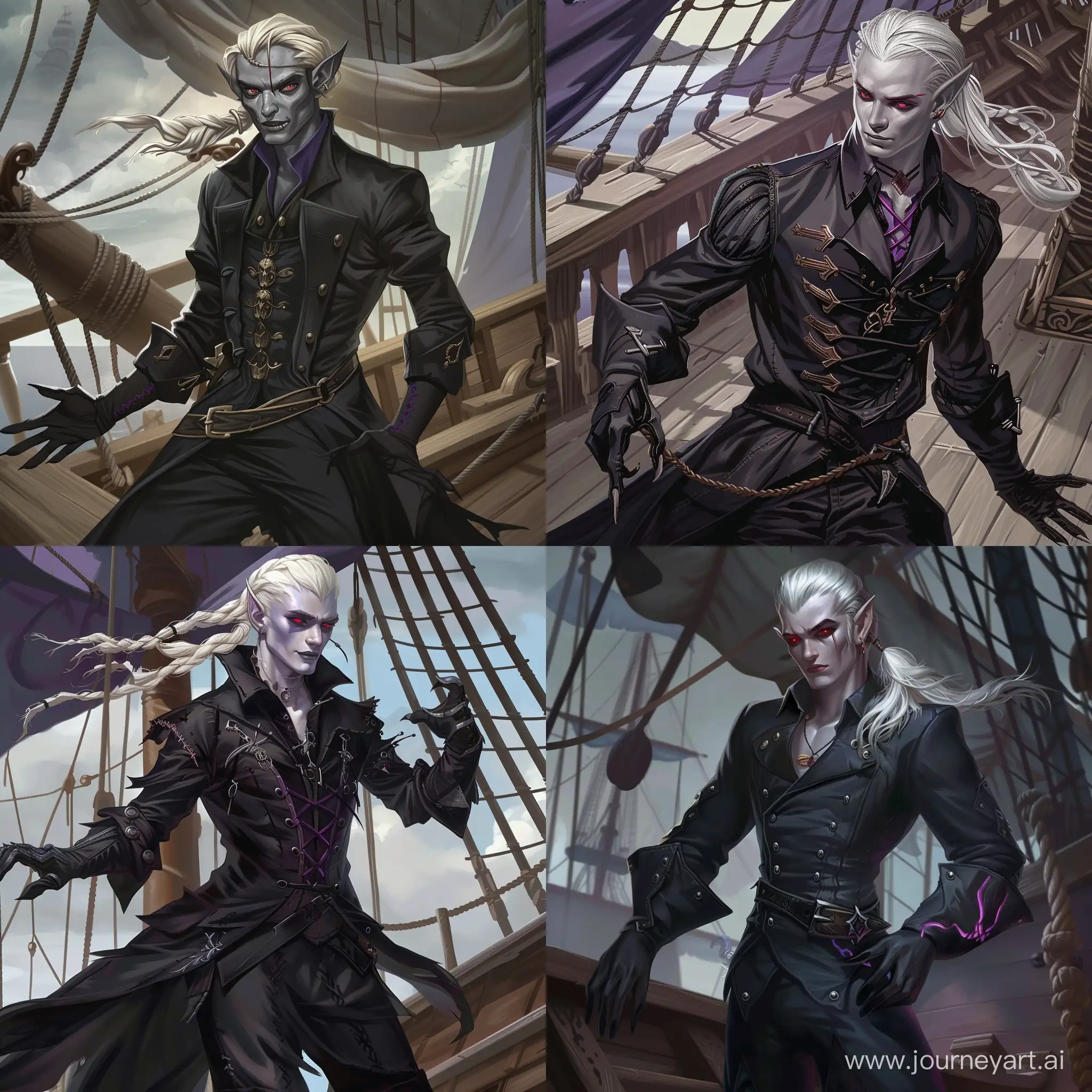 Handsome-Drow-Pirate-on-Pirate-Ship-with-Red-Eyes-and-Black-Claws