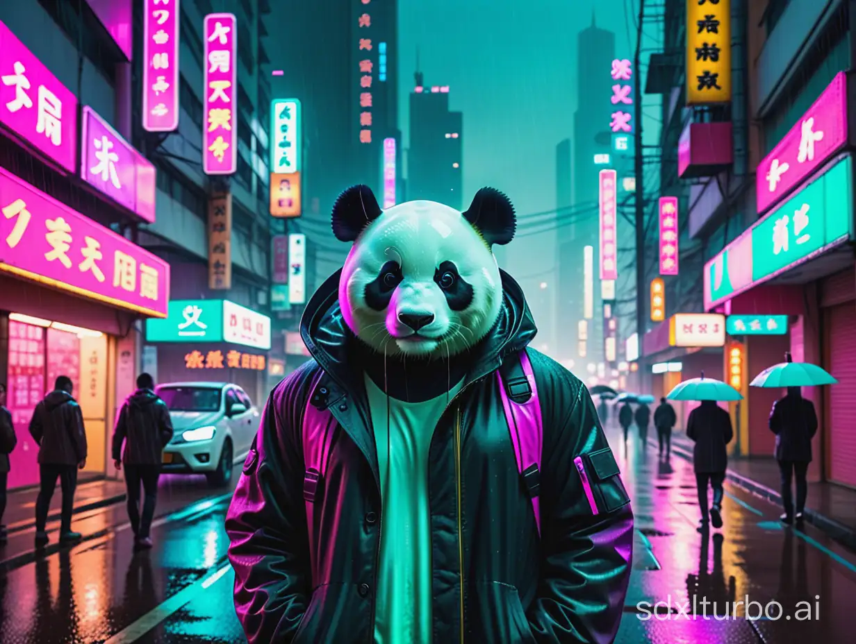 Cyberpunk man with panda as head, standing in neon city, rain, cyberpunk, street photography, loneliness