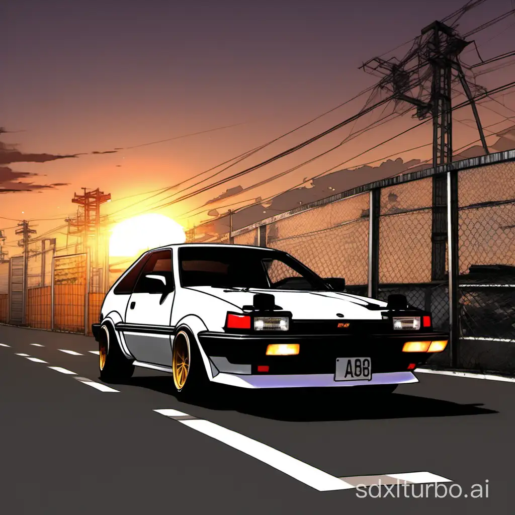 ae86 with panda color (like in anime Initial D) with sunset in background