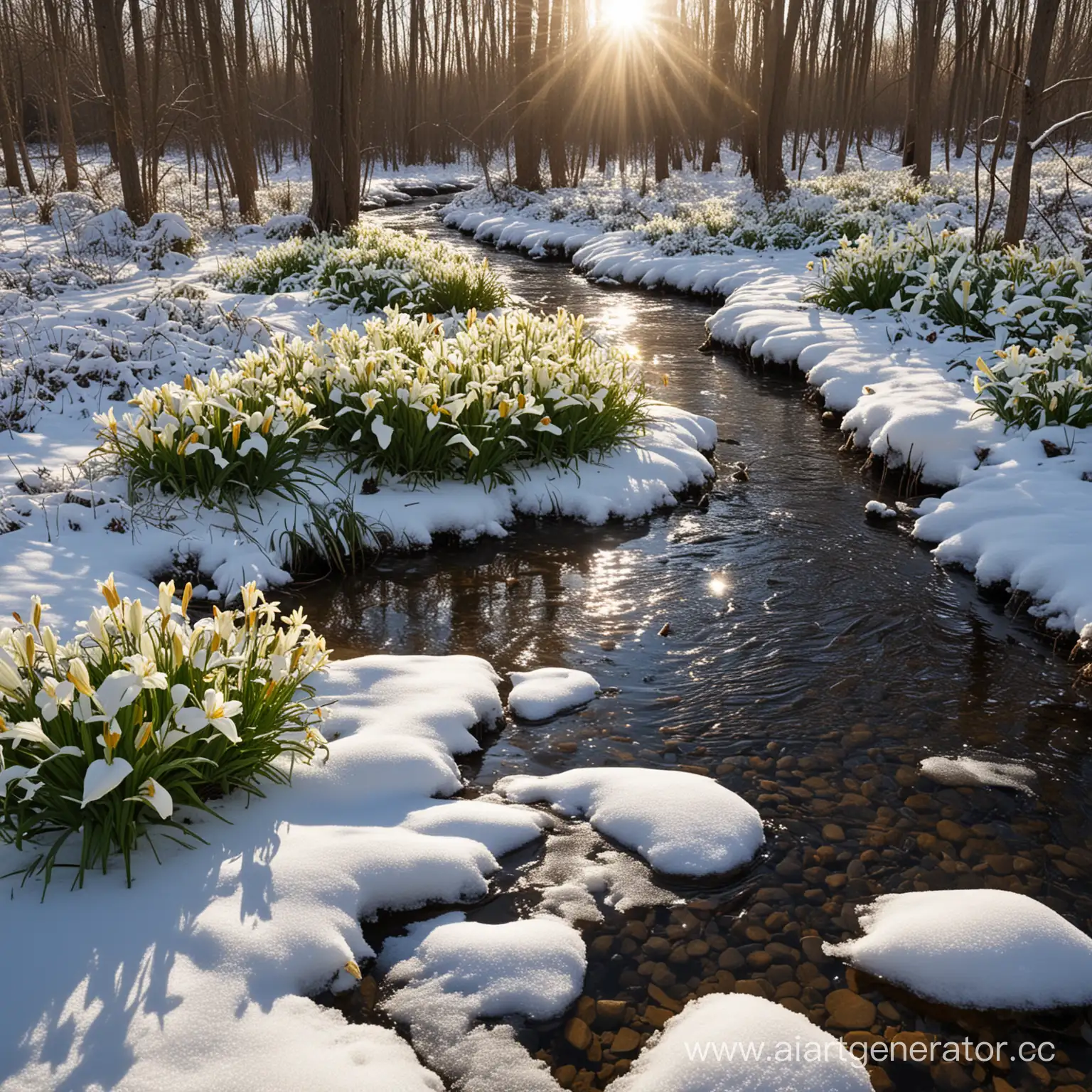 Tranquil-Stream-Thawing-Snow-Under-Sunlit-Lilies