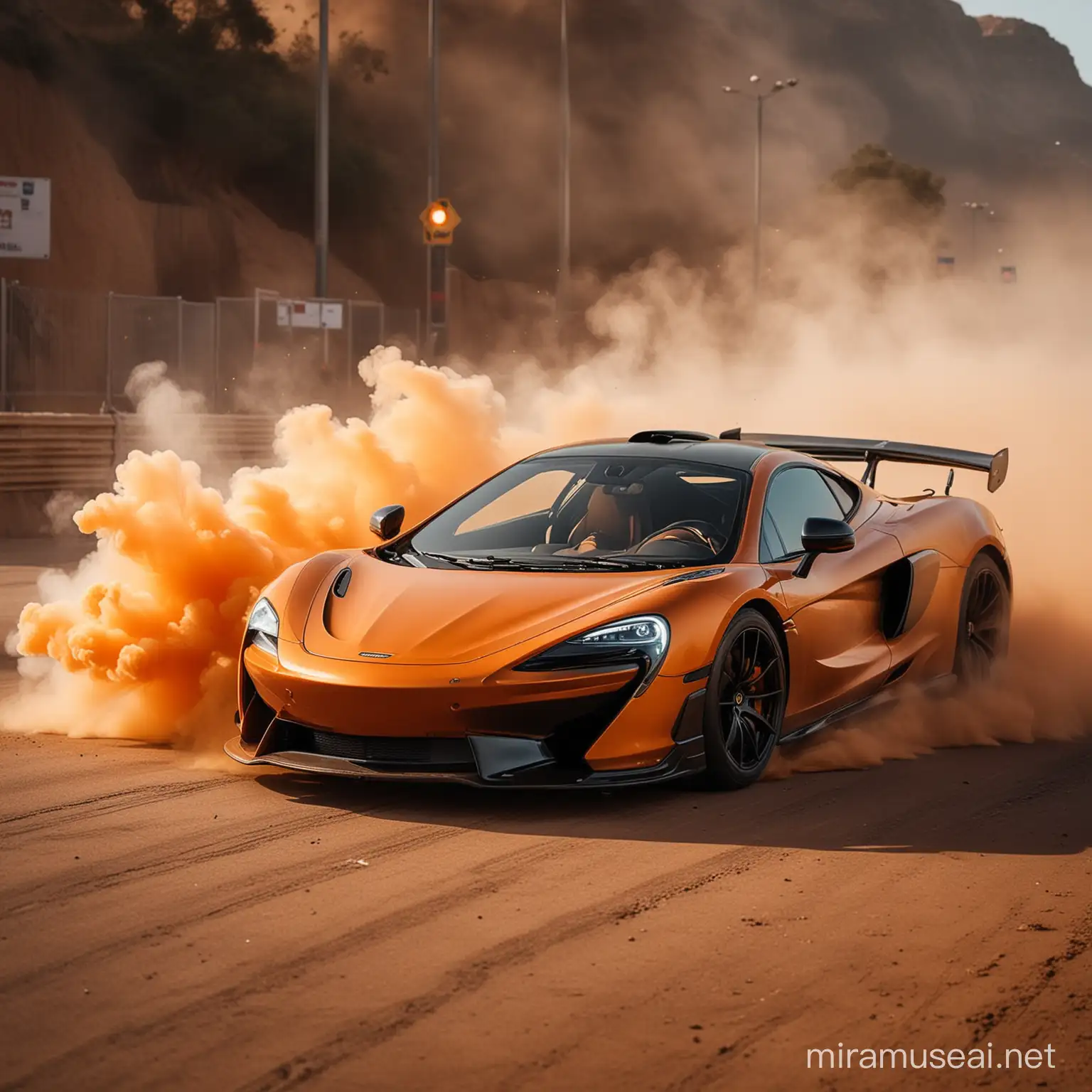 Create an image of a McLaren 600 LT escaping cops by drifting on a ramp with orange smoke in the dust. Have the Orange smoke be the drigt smoke and make the image with bokeh effects at night time with illuminating and vibrant colors 