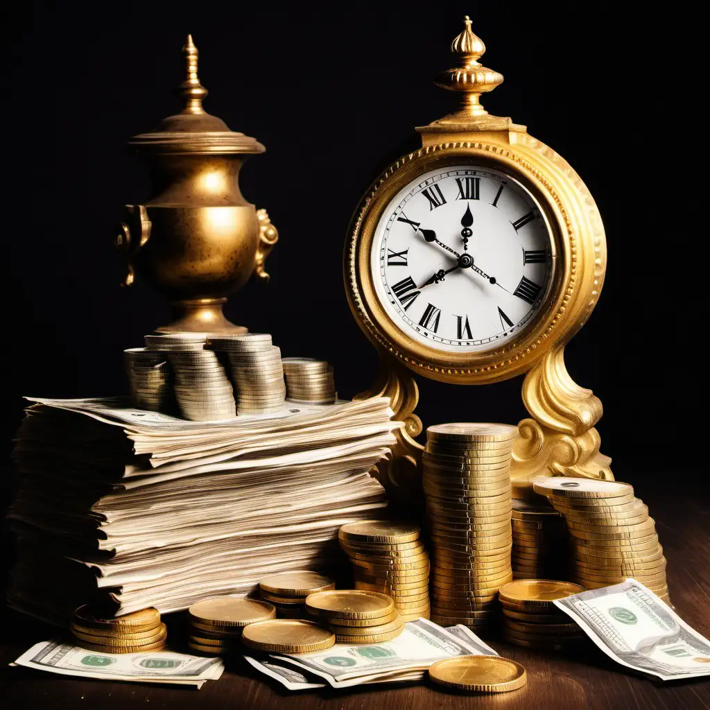 Vintage Timepiece surrounded by Wealth Antique Clock and Stacks of Money