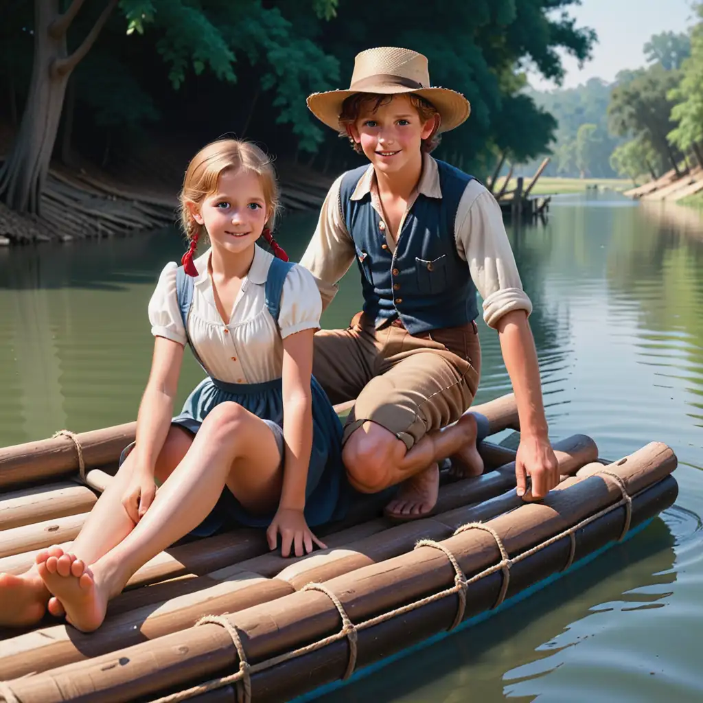 Tom Sawyer and Becky Thatcher Enjoying a River Adventure on a Raft